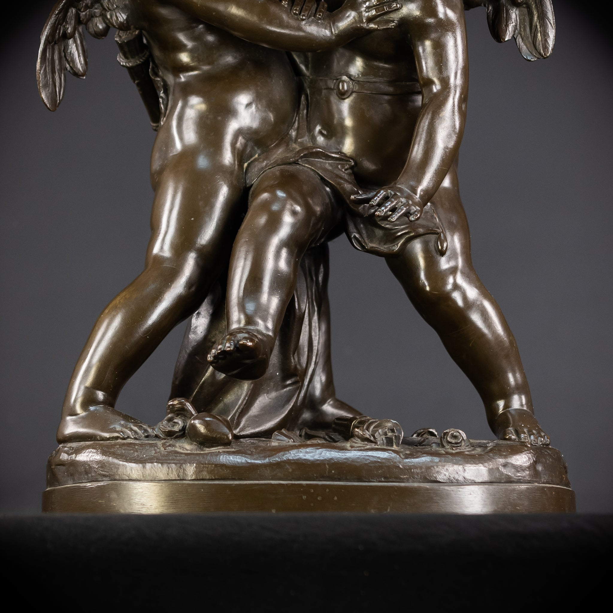 Bronze Sculpture Cupid Fighting Over Heart | Etienne-Maurice Falconet | 1800s Antique | 18.3"