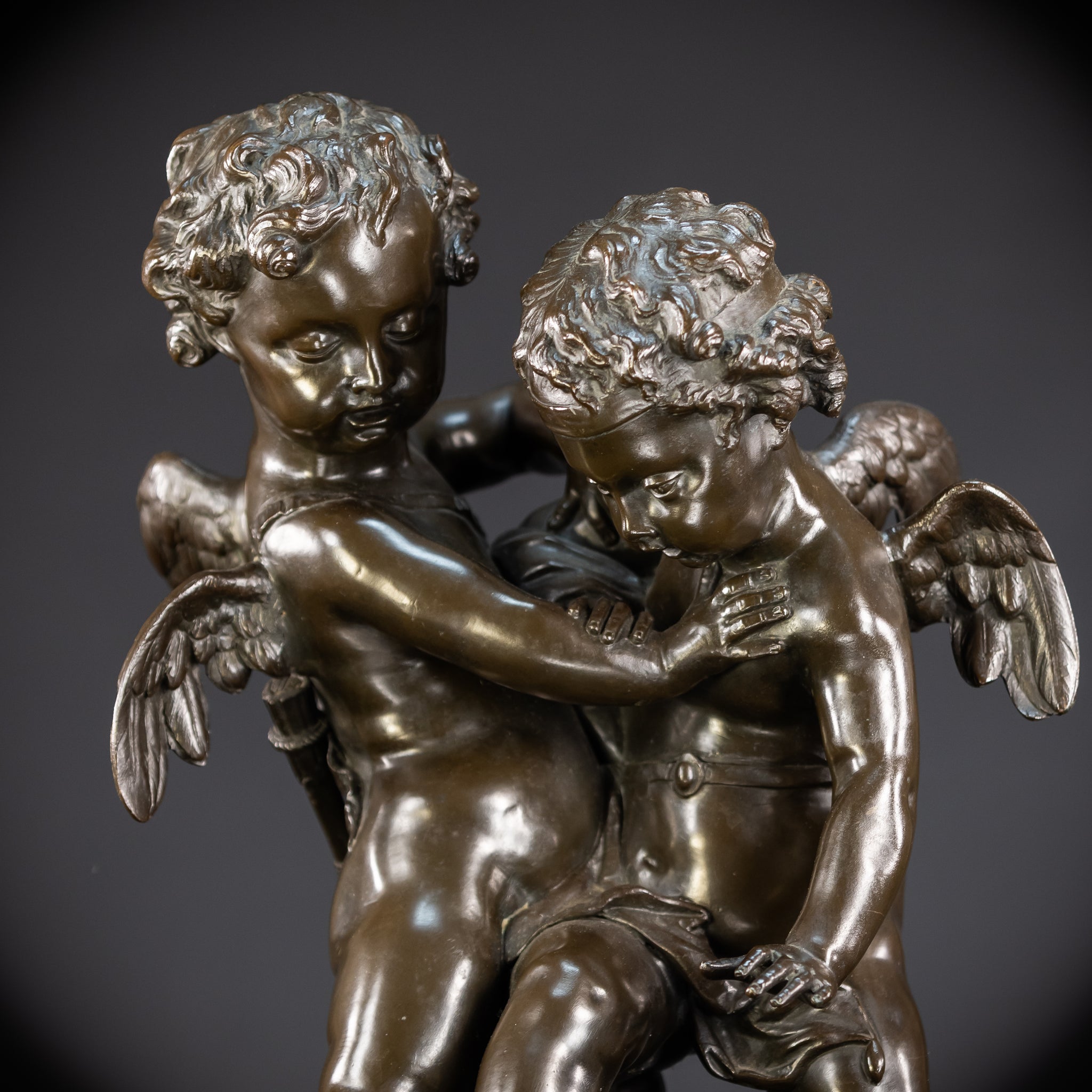 Bronze Sculpture Cupid Fighting Over Heart | Etienne-Maurice Falconet | 1800s Antique | 18.3"