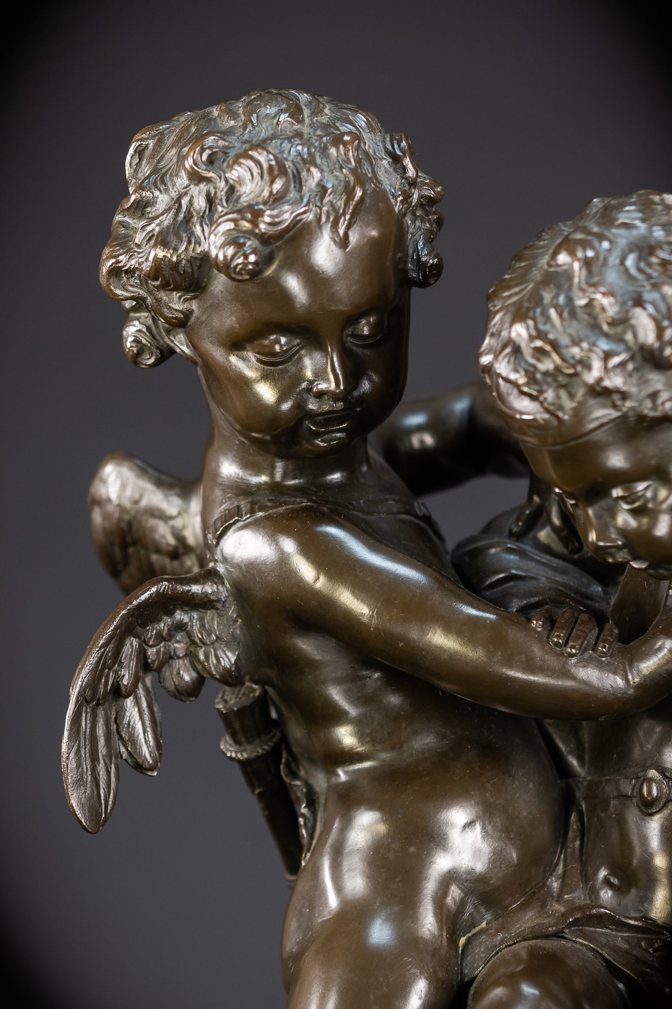 Bronze Sculpture Cupid Fighting Over Heart | Etienne-Maurice Falconet | 1800s Antique | 18.3"