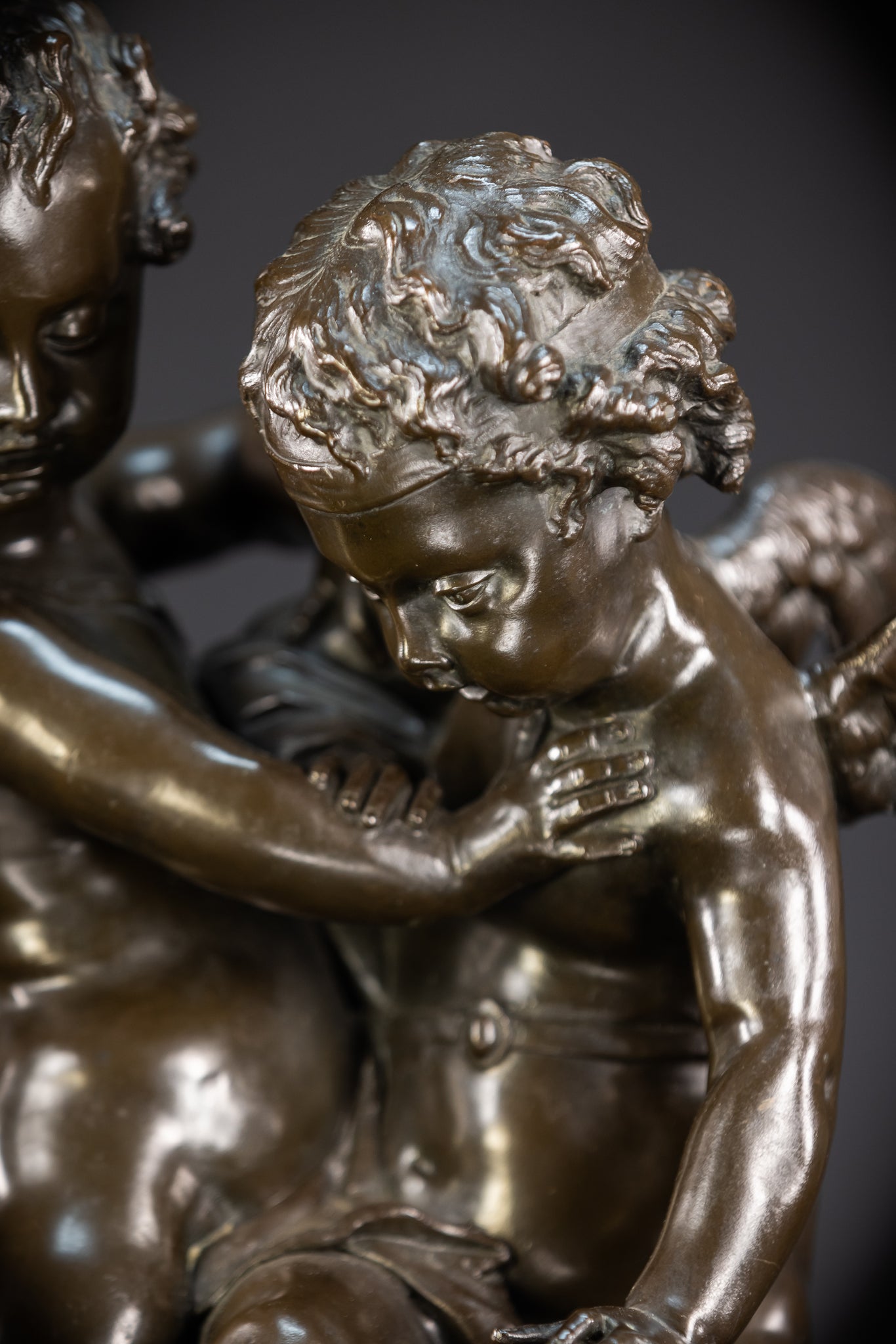 Bronze Sculpture Cupid Fighting Over Heart | Etienne-Maurice Falconet | 1800s Antique | 18.3"