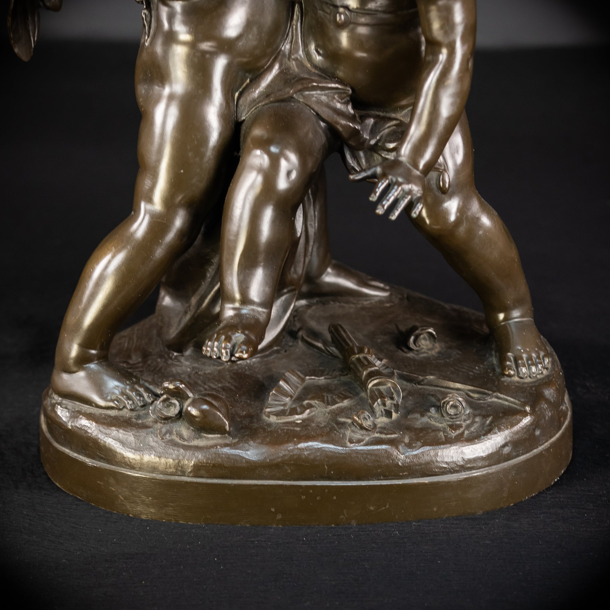 Bronze Sculpture Cupid Fighting Over Heart | Etienne-Maurice Falconet | 1800s Antique | 18.3"