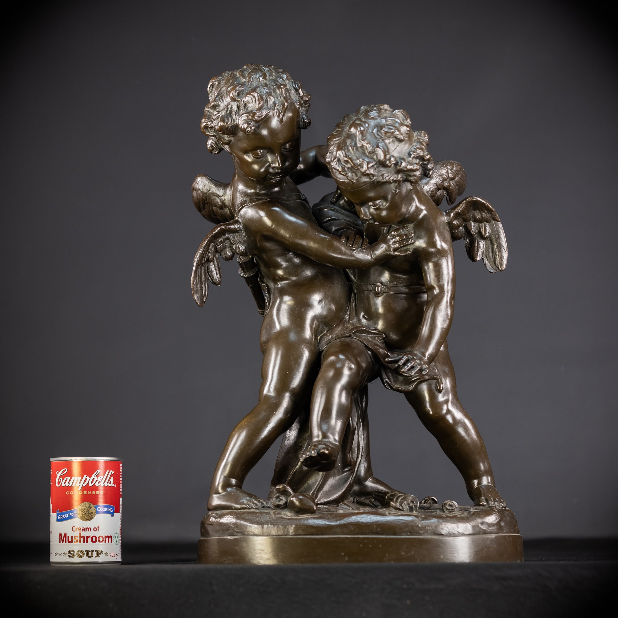 Bronze Sculpture Cupid Fighting Over Heart | Etienne-Maurice Falconet | 1800s Antique | 18.3"