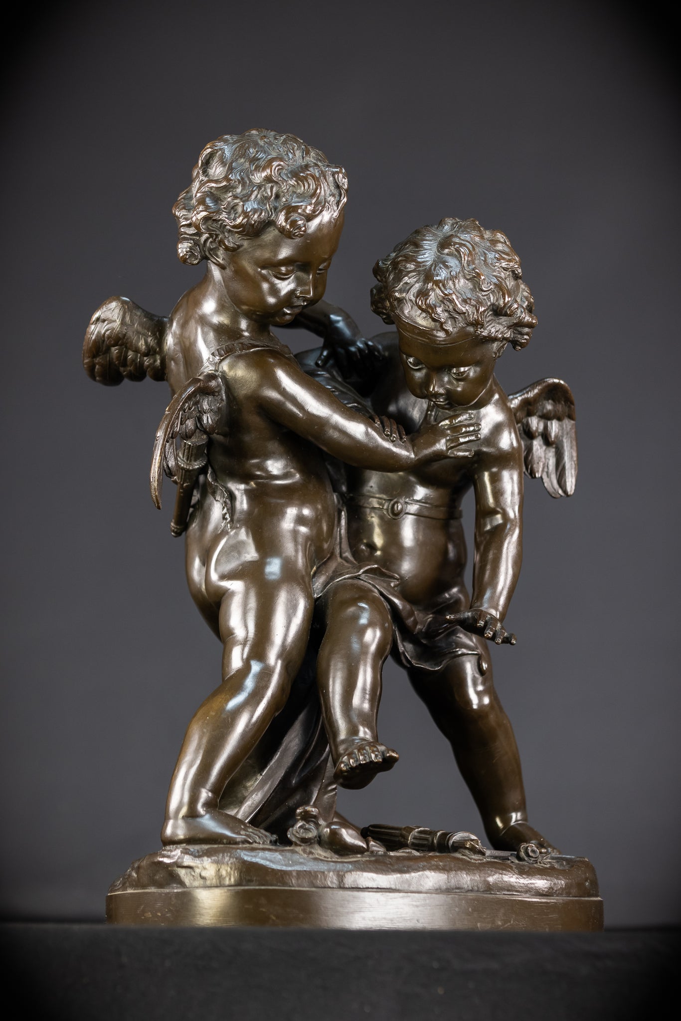 Bronze Sculpture Cupid Fighting Over Heart | Etienne-Maurice Falconet | 1800s Antique | 18.3"