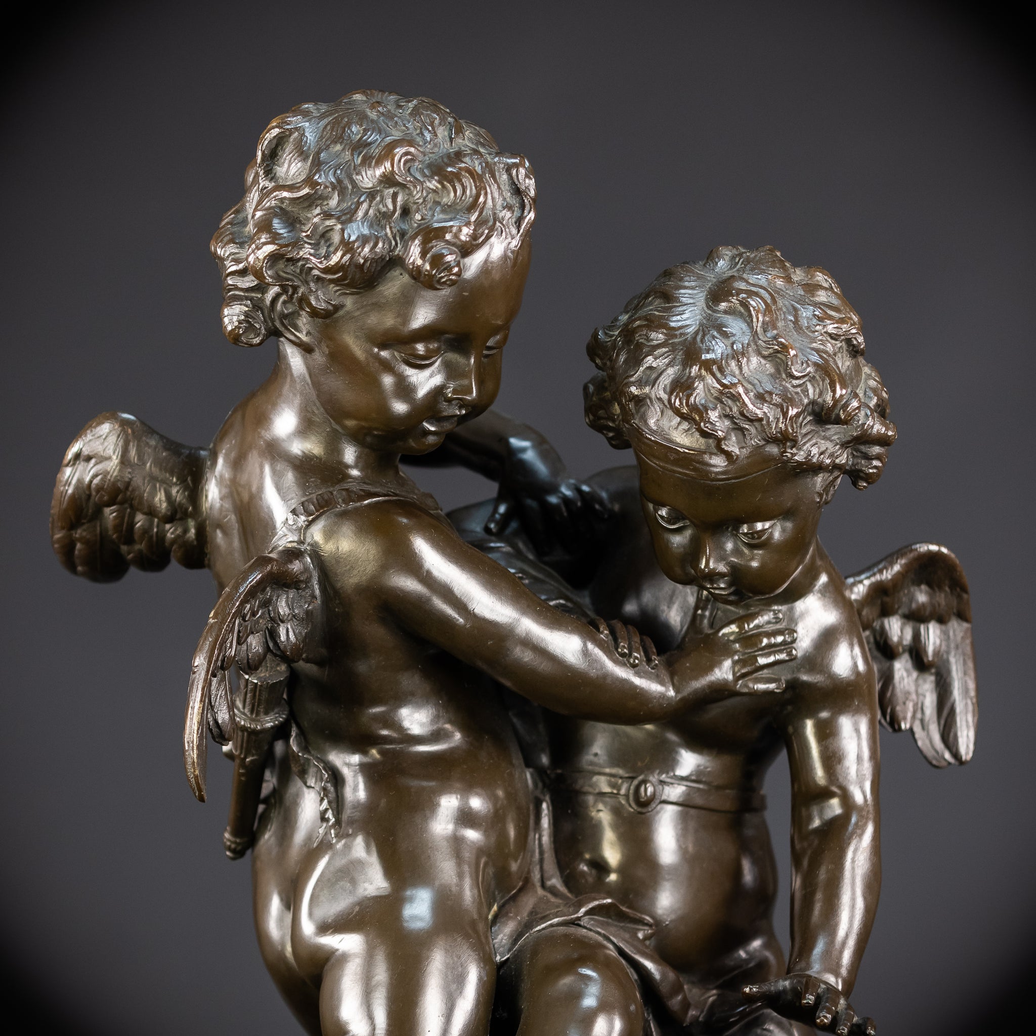 Bronze Sculpture Cupid Fighting Over Heart | Etienne-Maurice Falconet | 1800s Antique | 18.3"