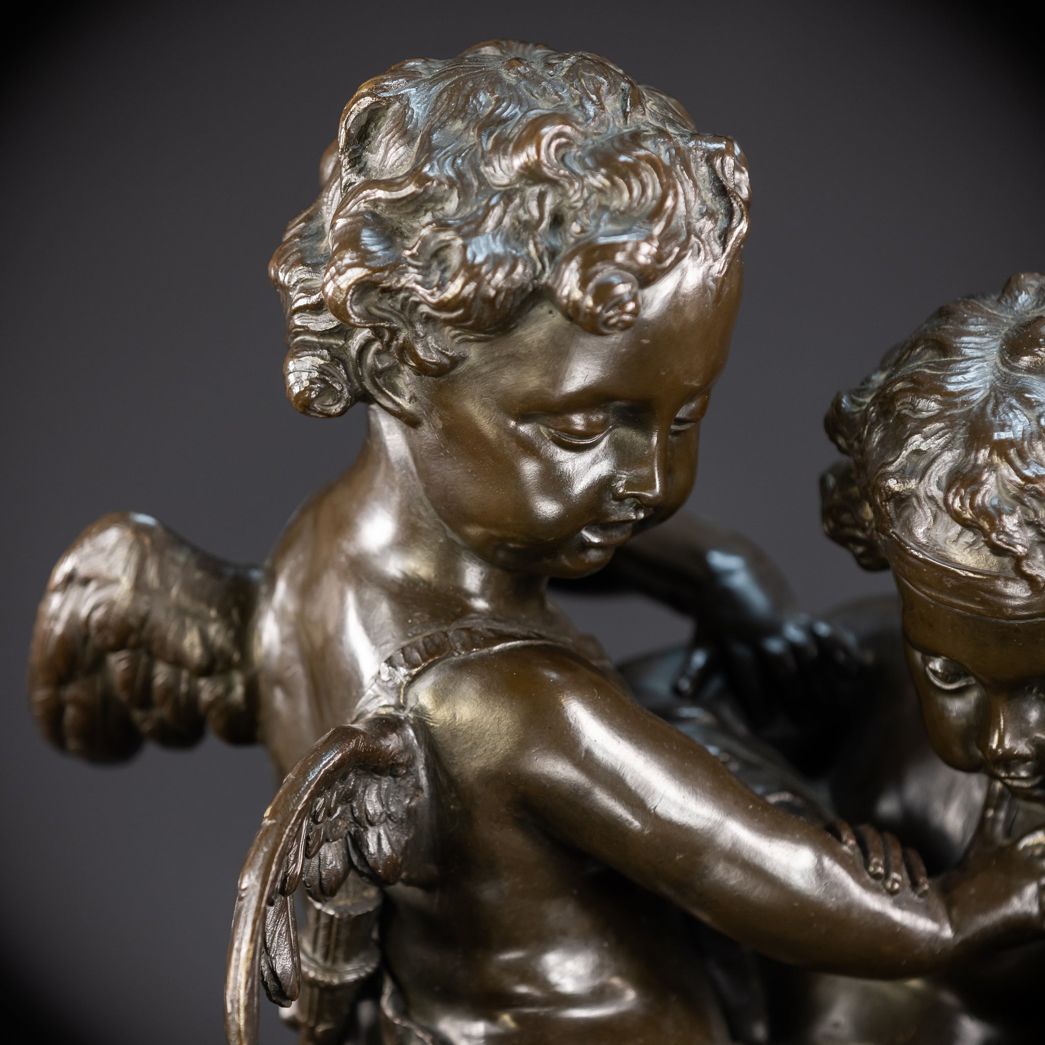 Bronze Sculpture Cupid Fighting Over Heart | Etienne-Maurice Falconet | 1800s Antique | 18.3"