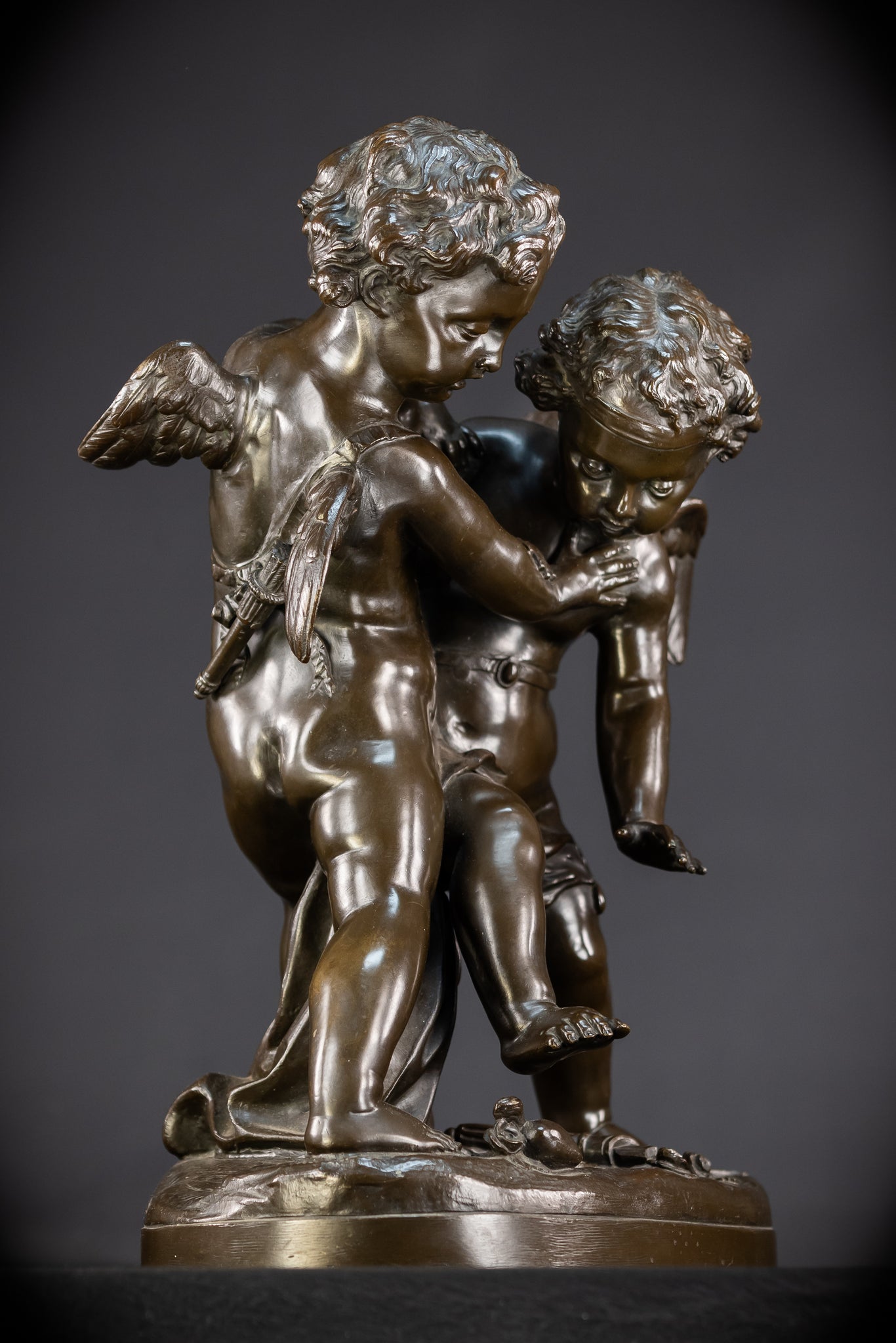 Bronze Sculpture Cupid Fighting Over Heart | Etienne-Maurice Falconet | 1800s Antique | 18.3"