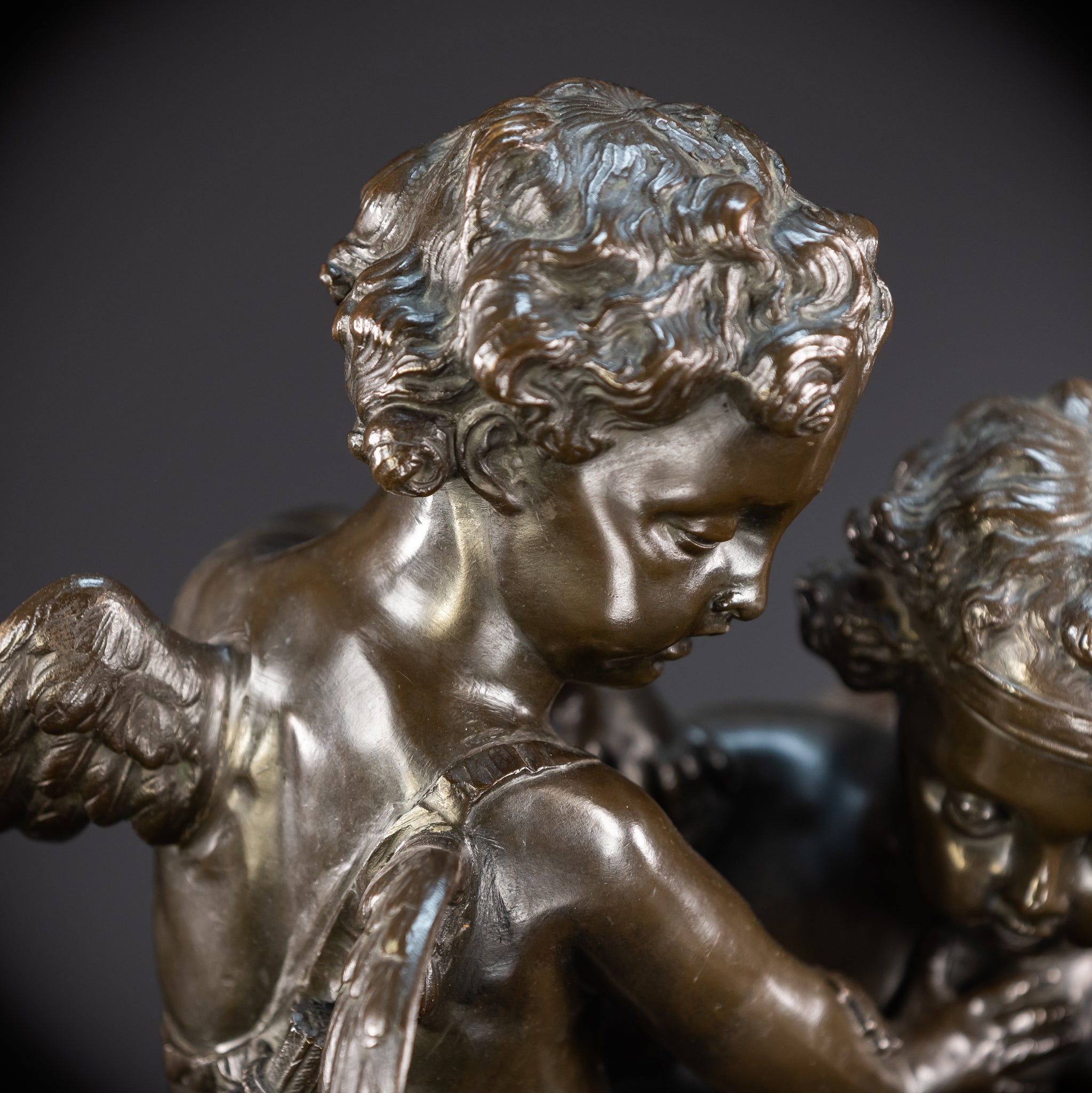 Bronze Sculpture Cupid Fighting Over Heart | Etienne-Maurice Falconet | 1800s Antique | 18.3"
