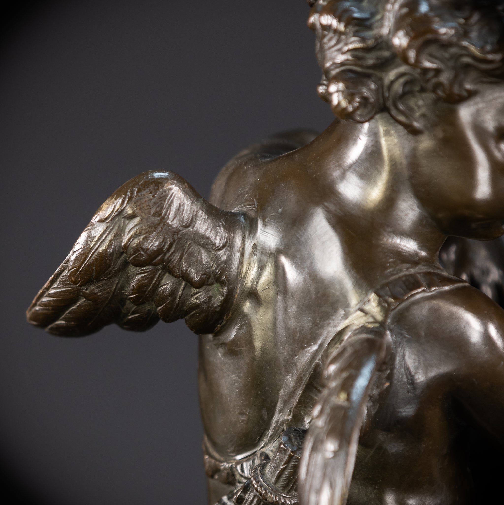 Bronze Sculpture Cupid Fighting Over Heart | Etienne-Maurice Falconet | 1800s Antique | 18.3"