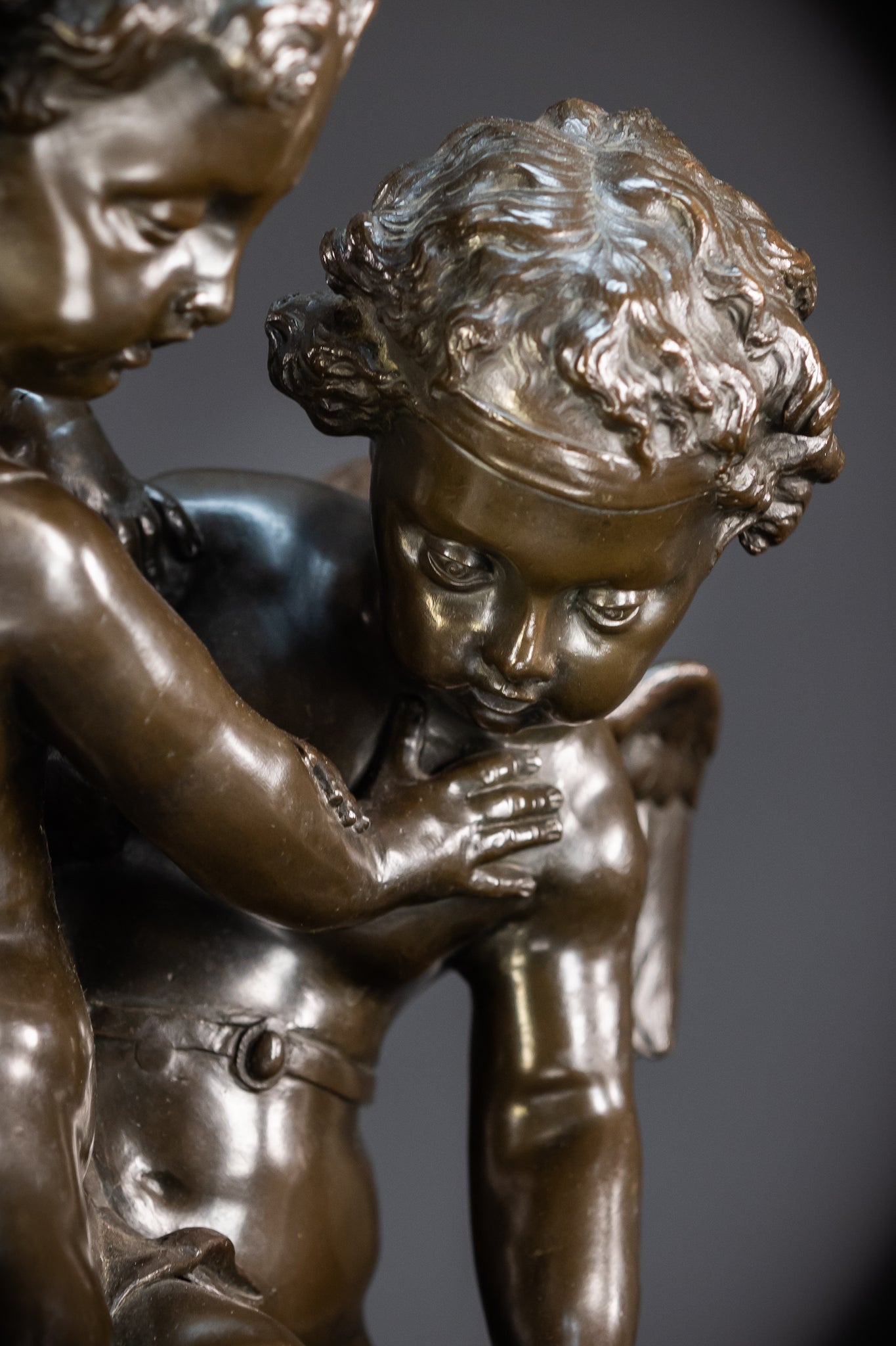 Bronze Sculpture Cupid Fighting Over Heart | Etienne-Maurice Falconet | 1800s Antique | 18.3"