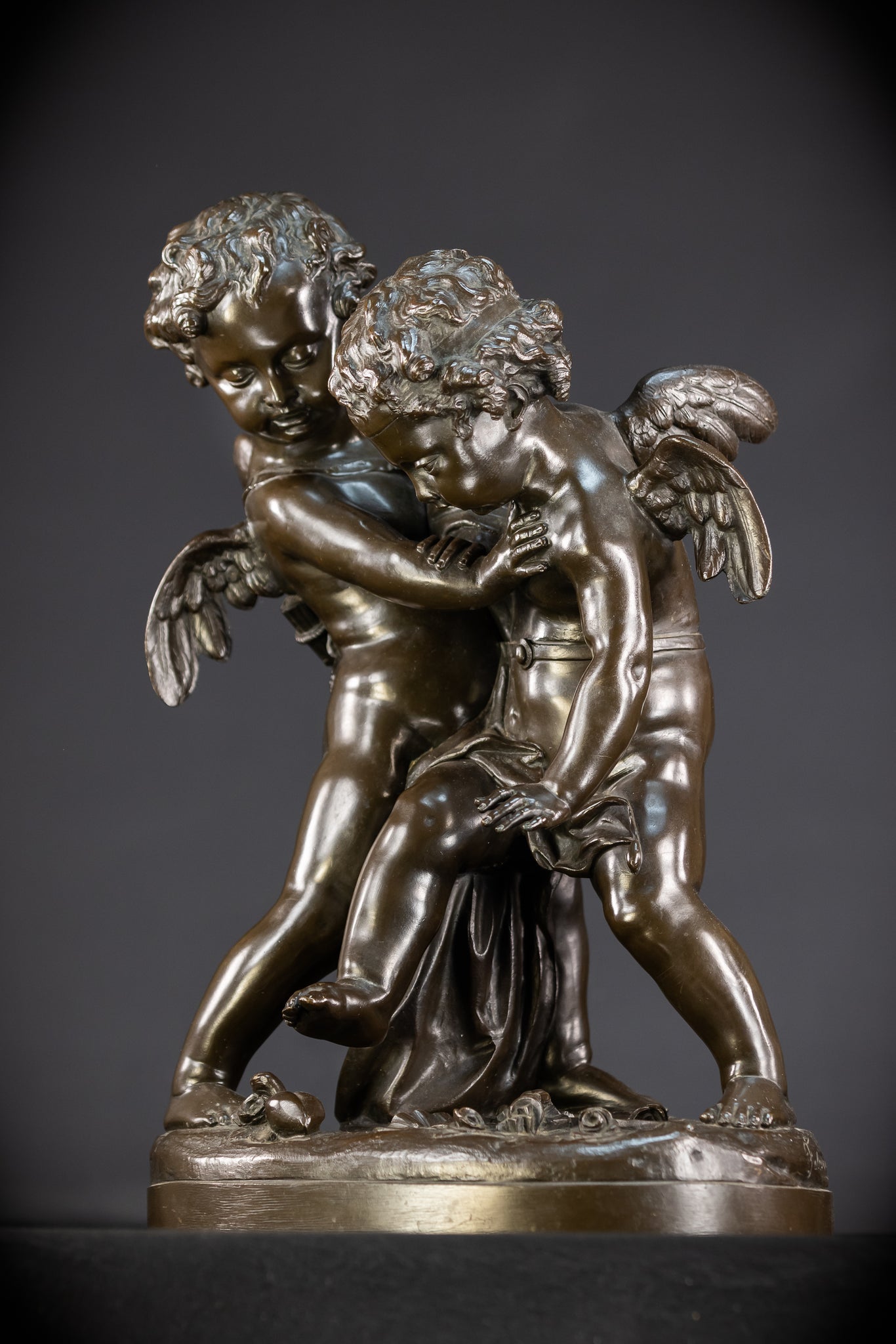 Bronze Sculpture Cupid Fighting Over Heart | Etienne-Maurice Falconet | 1800s Antique | 18.3"