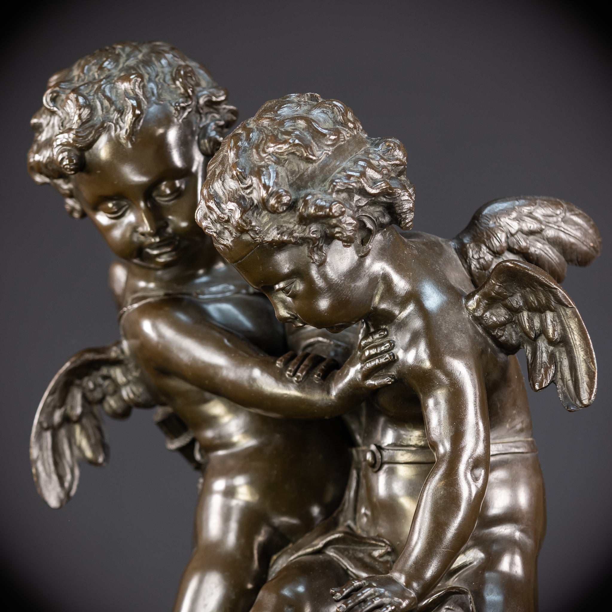 Bronze Sculpture Cupid Fighting Over Heart | Etienne-Maurice Falconet | 1800s Antique | 18.3"