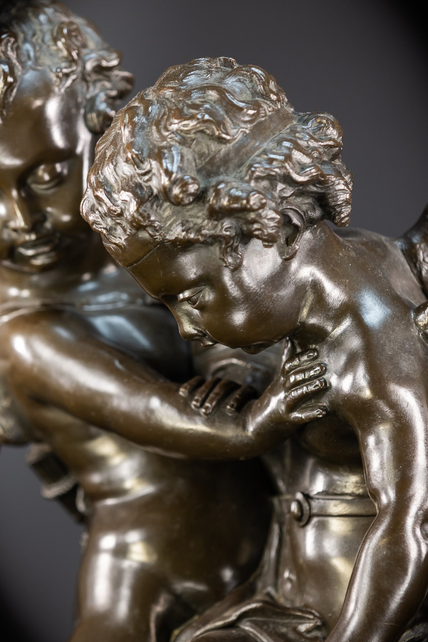 Bronze Sculpture Cupid Fighting Over Heart | Etienne-Maurice Falconet | 1800s Antique | 18.3"