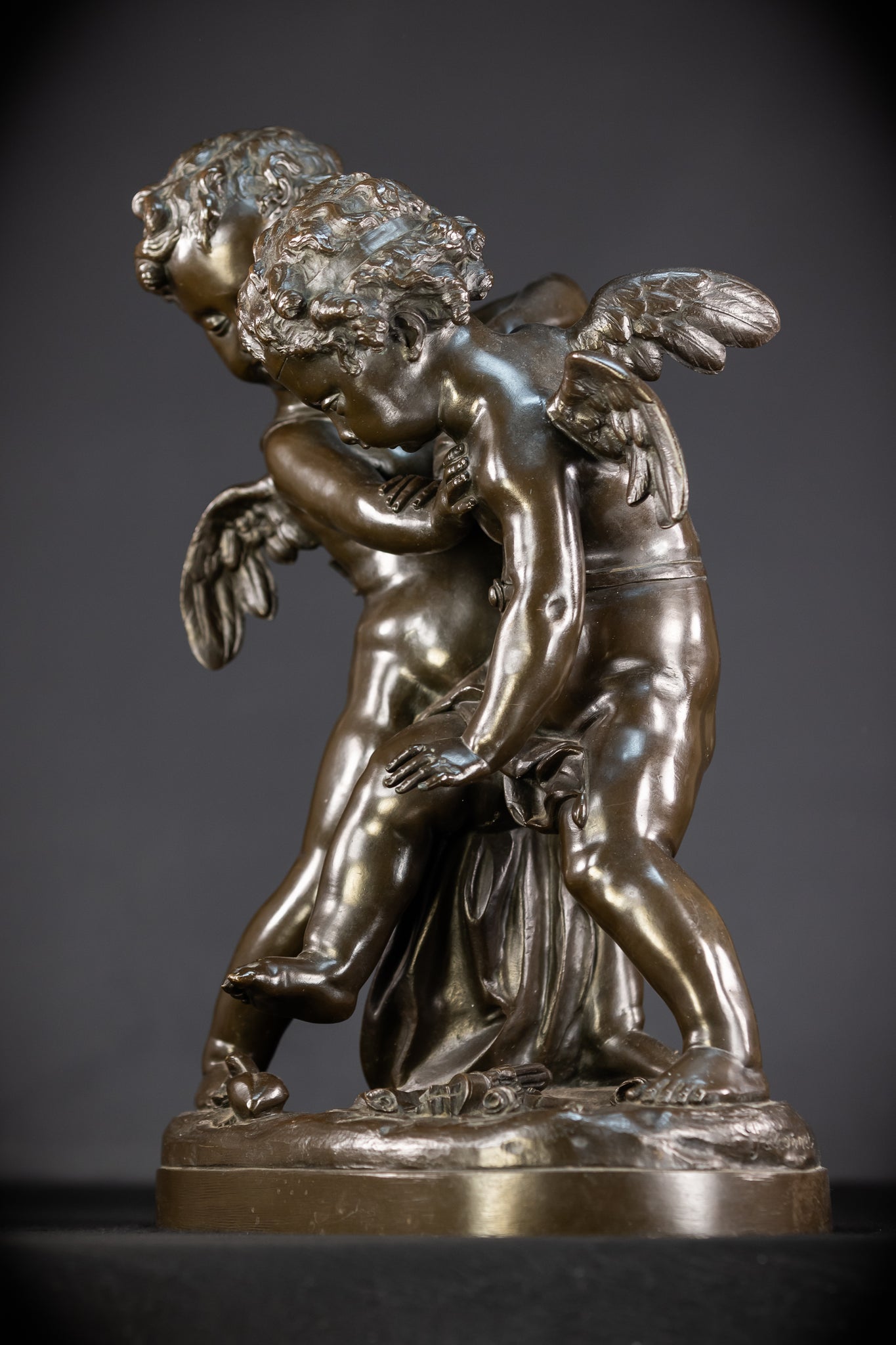 Bronze Sculpture Cupid Fighting Over Heart | Etienne-Maurice Falconet | 1800s Antique | 18.3"