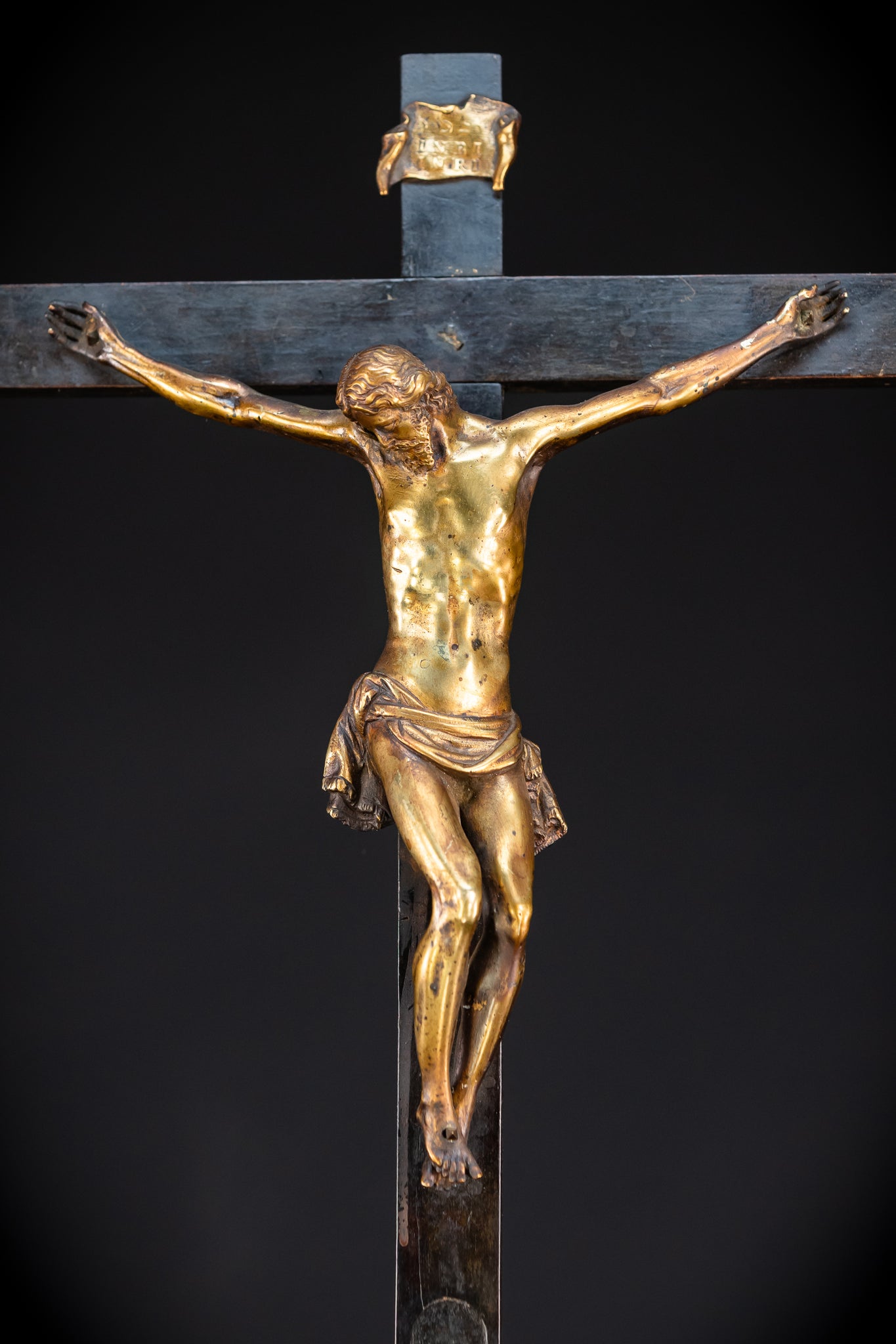 RARE 1500s Wooden Crucifix w Bronze Corpus Christi | 29.5"