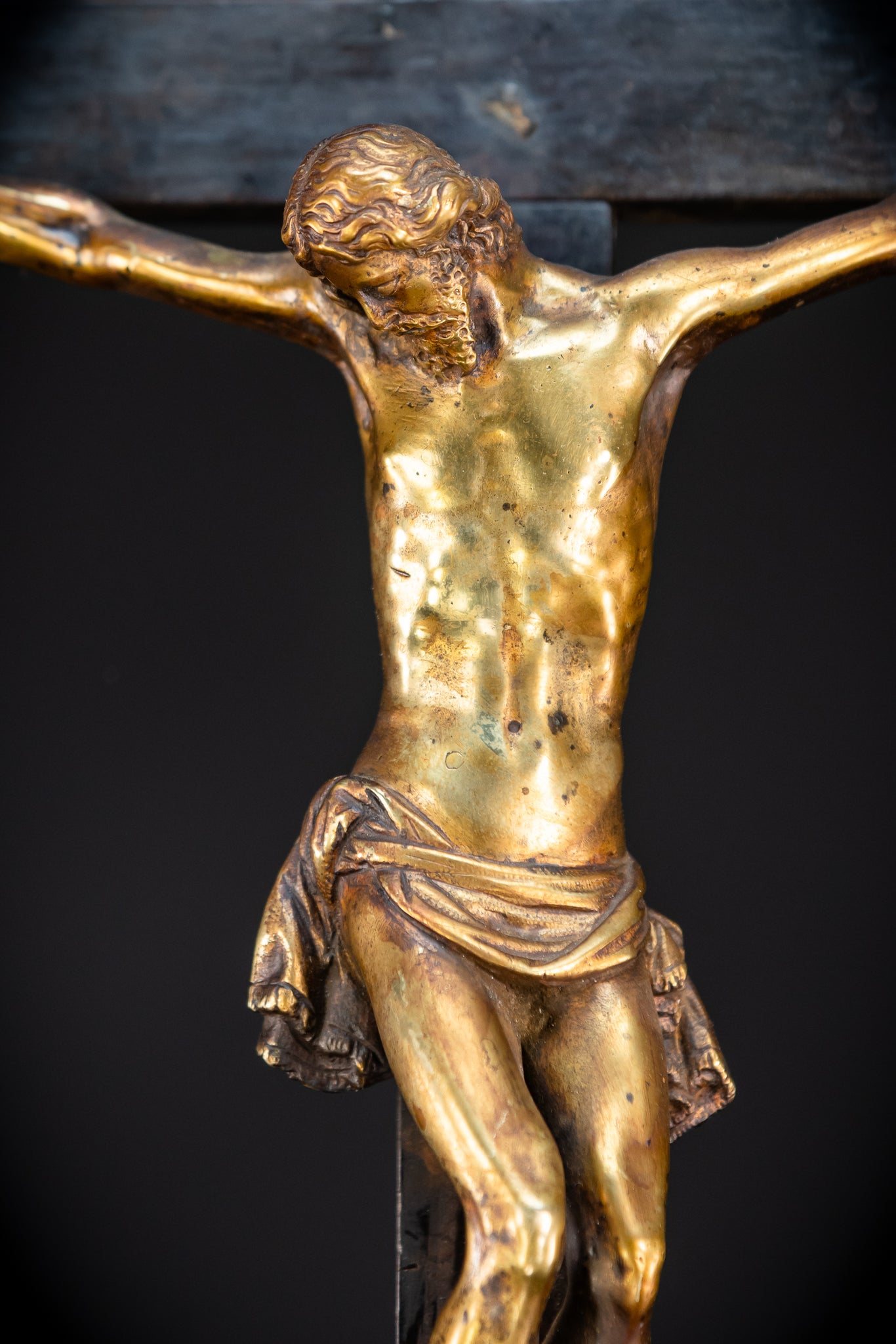 RARE 1500s Wooden Crucifix w Bronze Corpus Christi | 29.5"