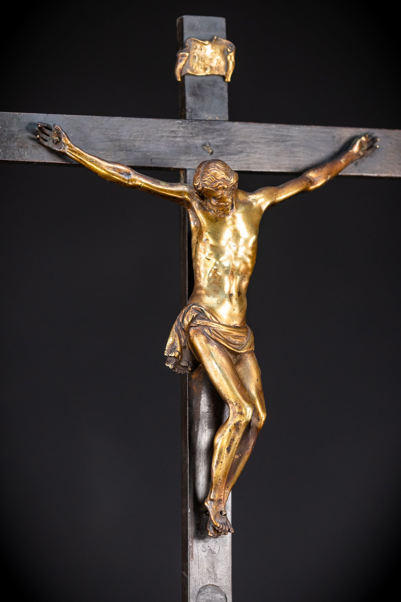 RARE 1500s Wooden Crucifix w Bronze Corpus Christi | 29.5"