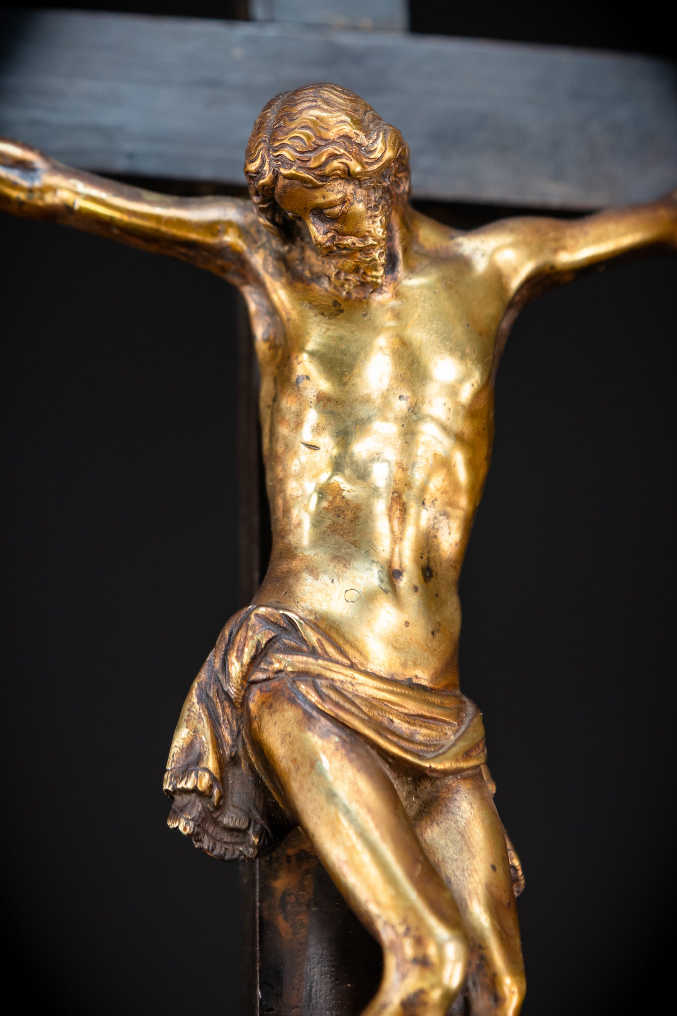 RARE 1500s Wooden Crucifix w Bronze Corpus Christi | 29.5"