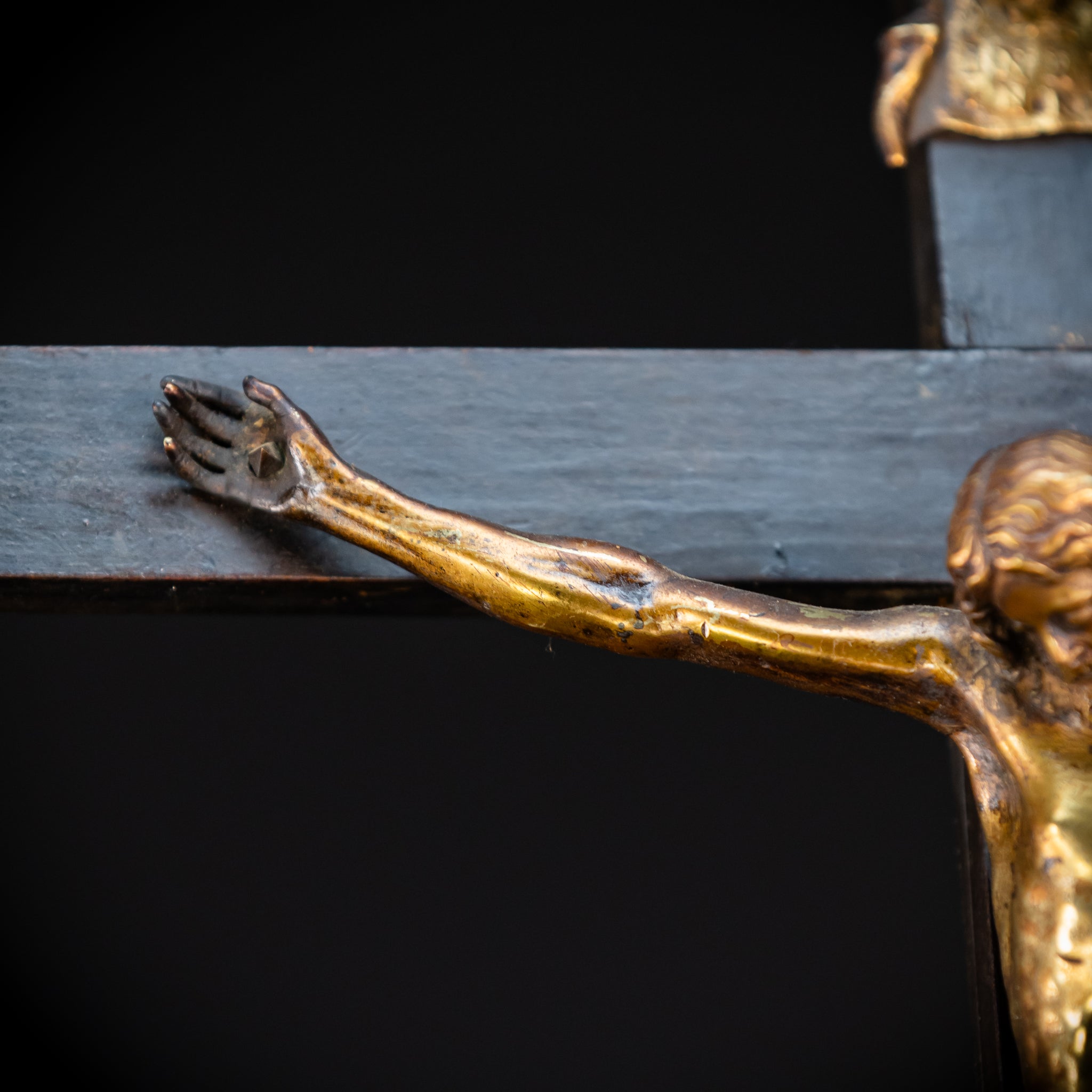 RARE 1500s Wooden Crucifix w Bronze Corpus Christi | 29.5"