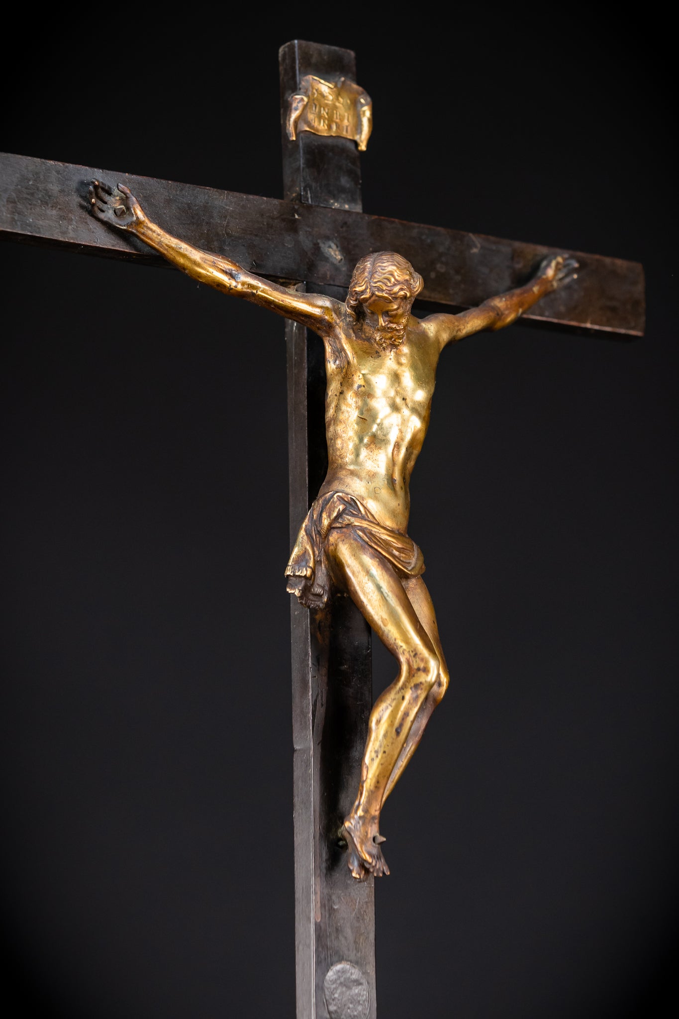 RARE 1500s Wooden Crucifix w Bronze Corpus Christi | 29.5"