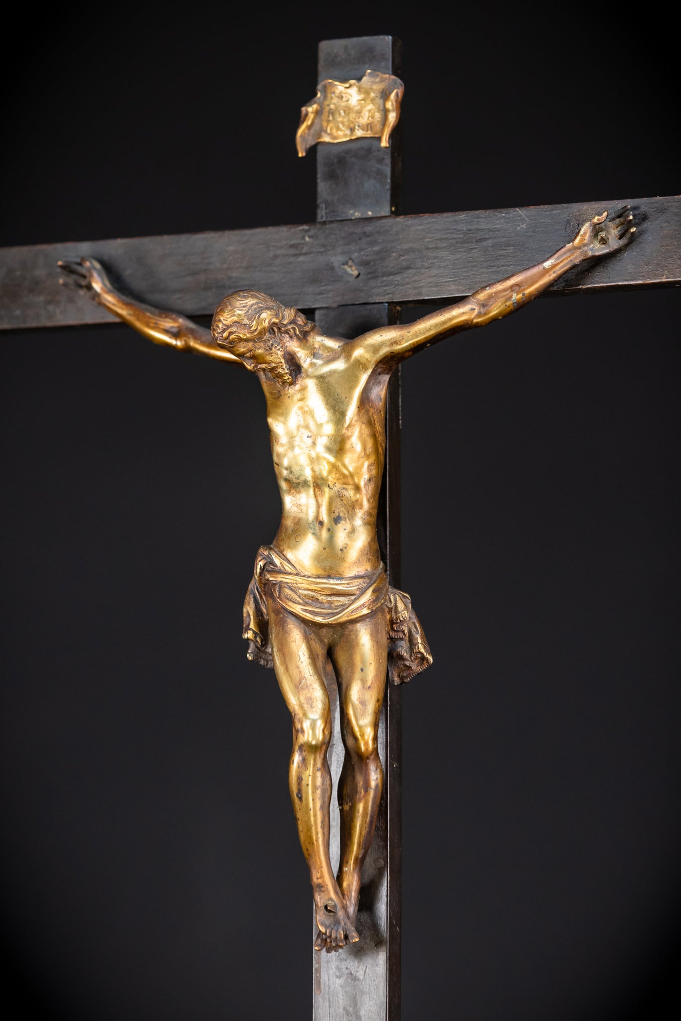 RARE 1500s Wooden Crucifix w Bronze Corpus Christi | 29.5"