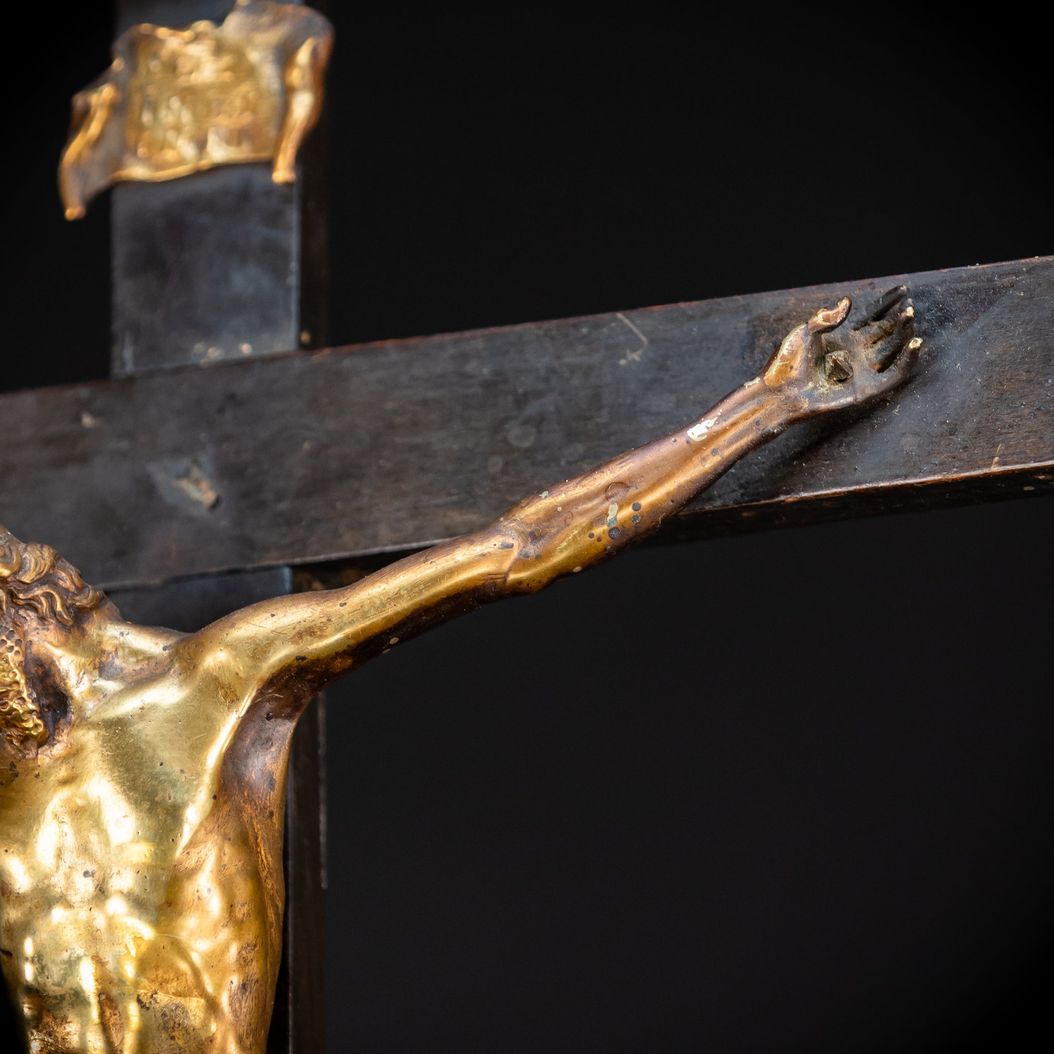 RARE 1500s Wooden Crucifix w Bronze Corpus Christi | 29.5"