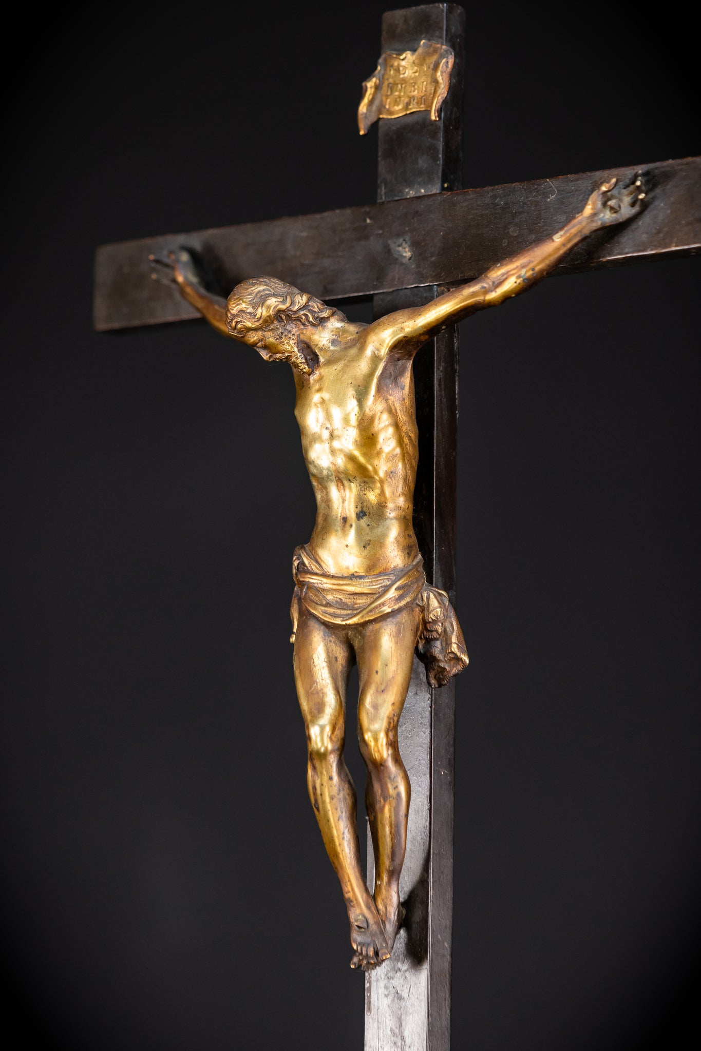 RARE 1500s Wooden Crucifix w Bronze Corpus Christi | 29.5"