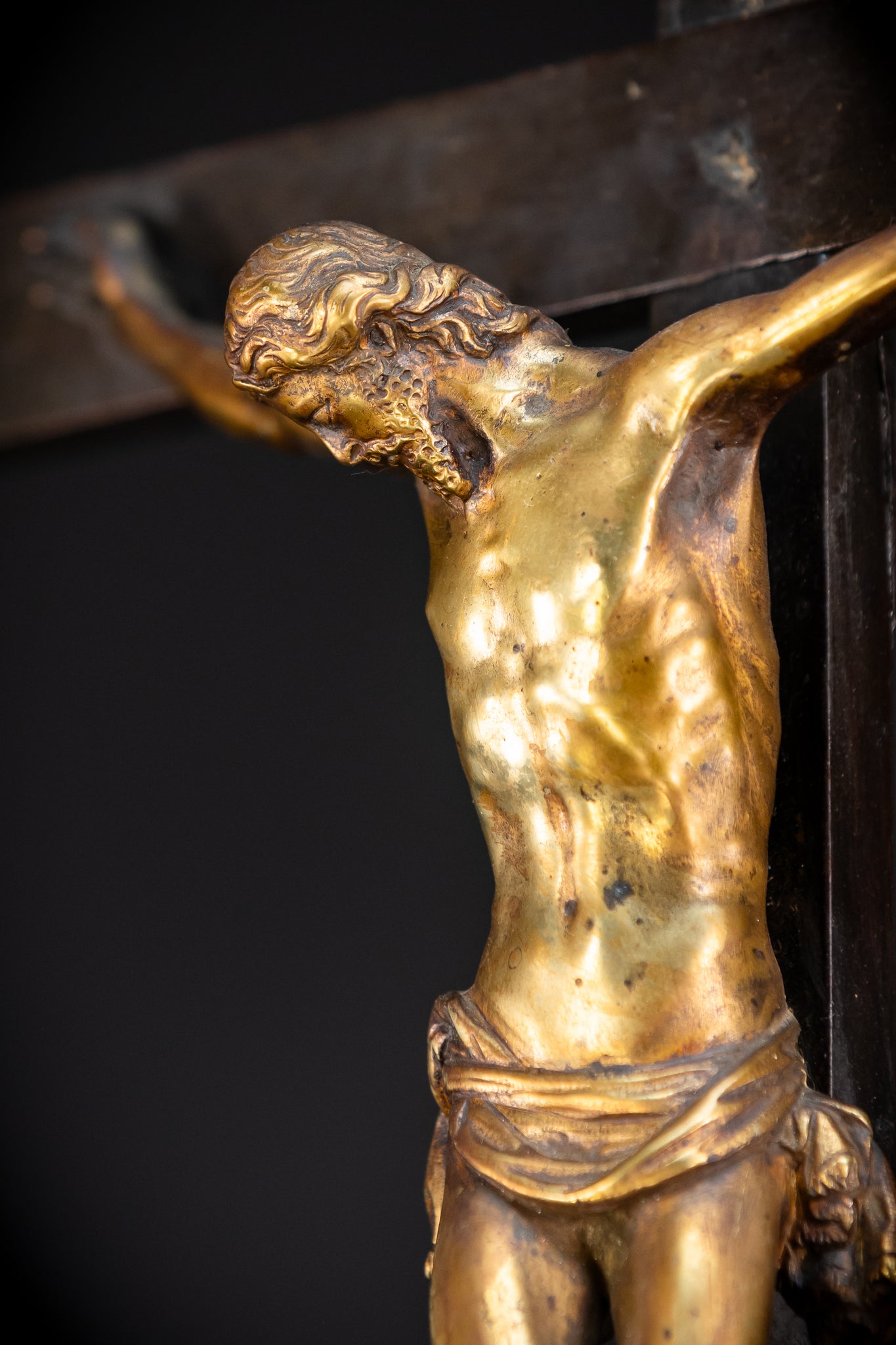 RARE 1500s Wooden Crucifix w Bronze Corpus Christi | 29.5"