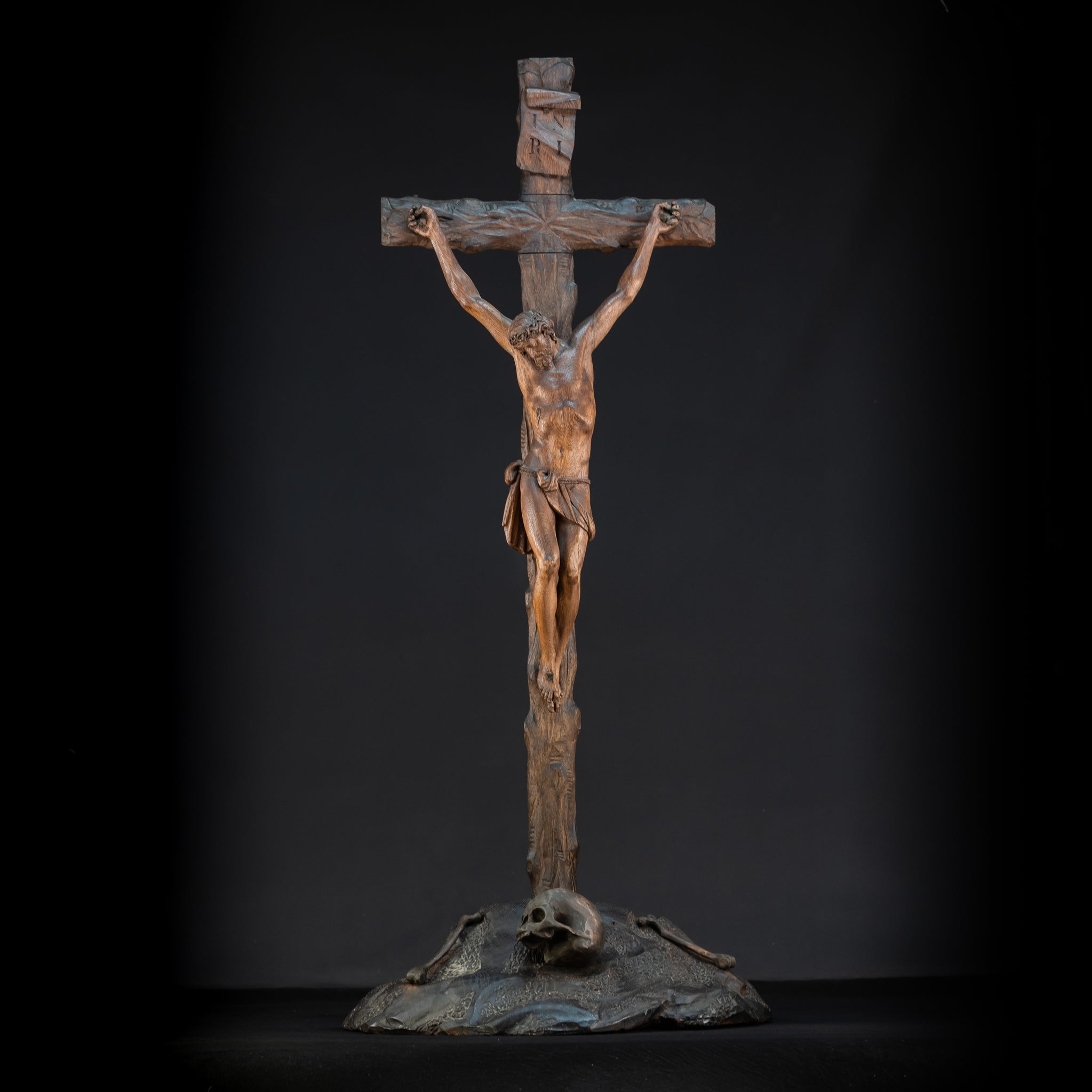 42.9" / 109 cm Wooden Altar Crucifix | 1700s Memento Mori