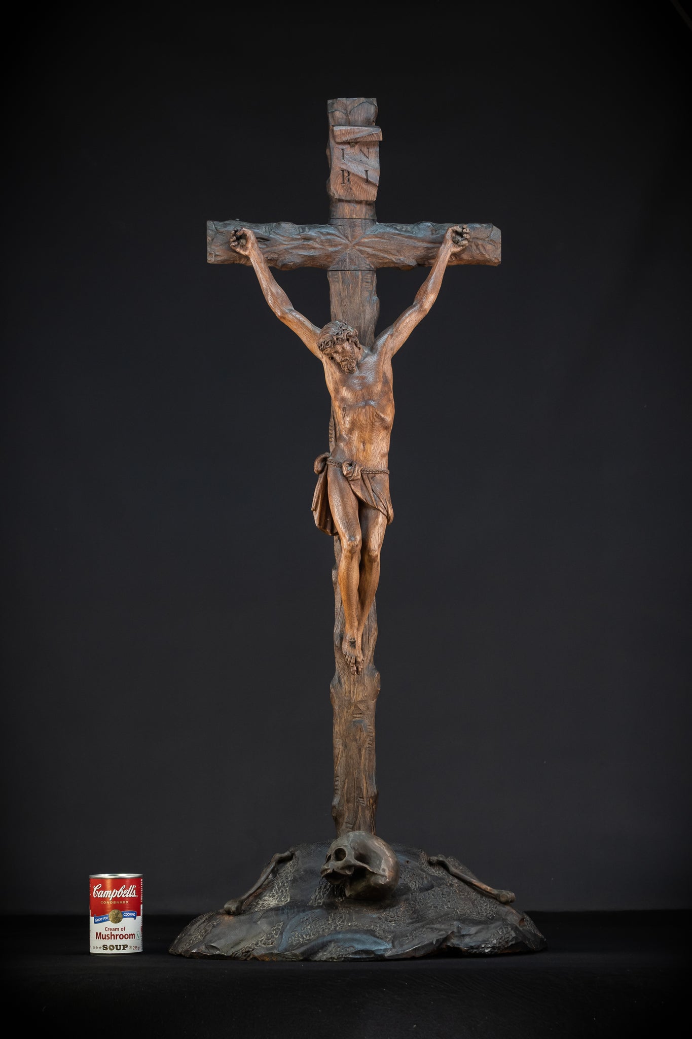 42.9" / 109 cm Wooden Altar Crucifix | 1700s Memento Mori