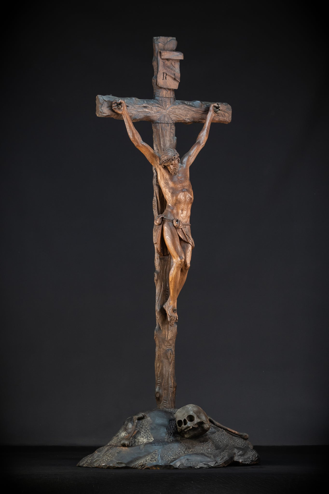 42.9" / 109 cm Wooden Altar Crucifix | 1700s Memento Mori