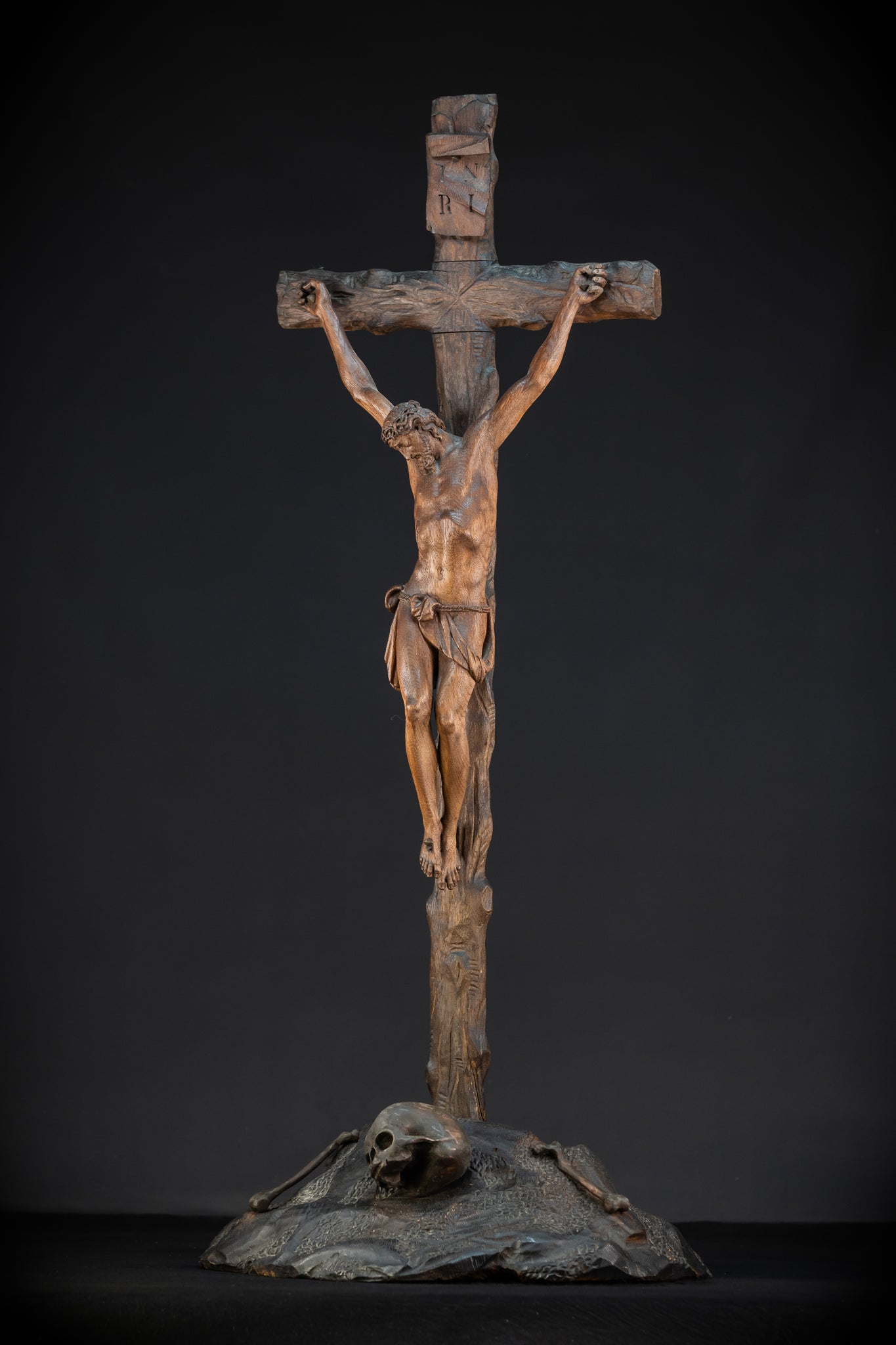 42.9" / 109 cm Wooden Altar Crucifix | 1700s Memento Mori