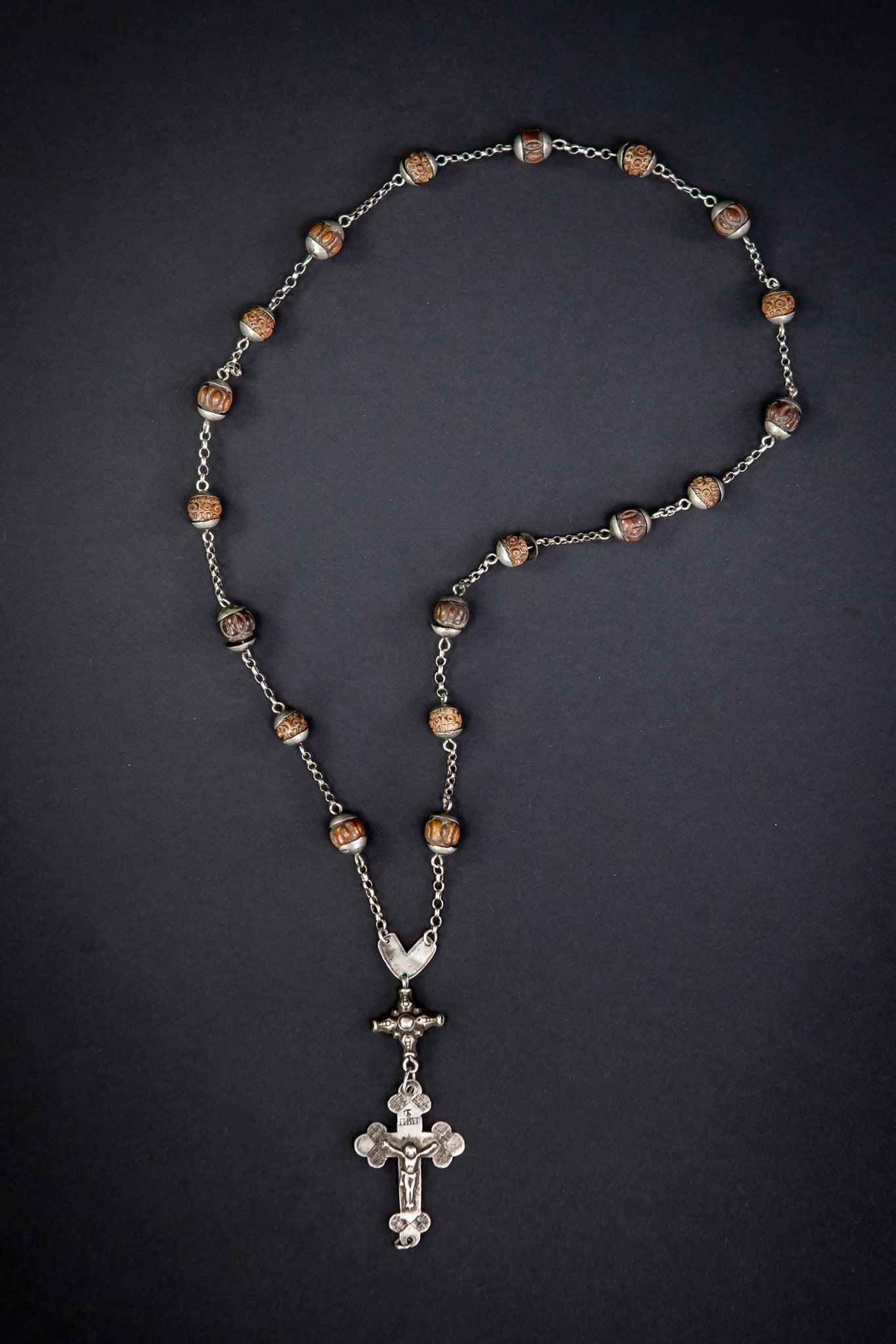 Rosary Solid Sterling Silver Wooden Carved Beads 15.4”
