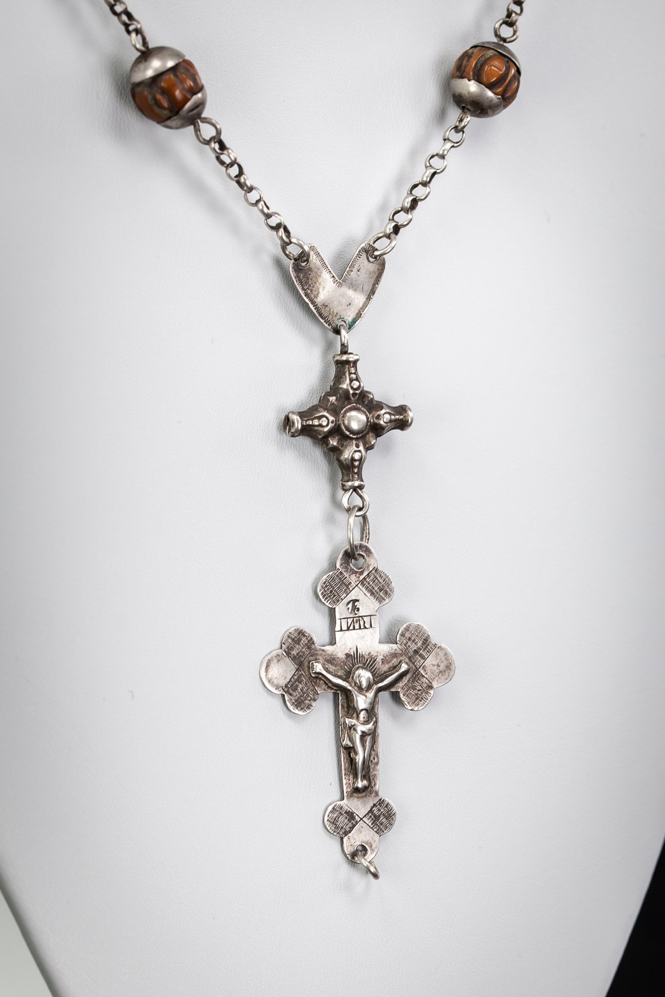 Rosary Solid Sterling Silver Wooden Carved Beads 15.4”