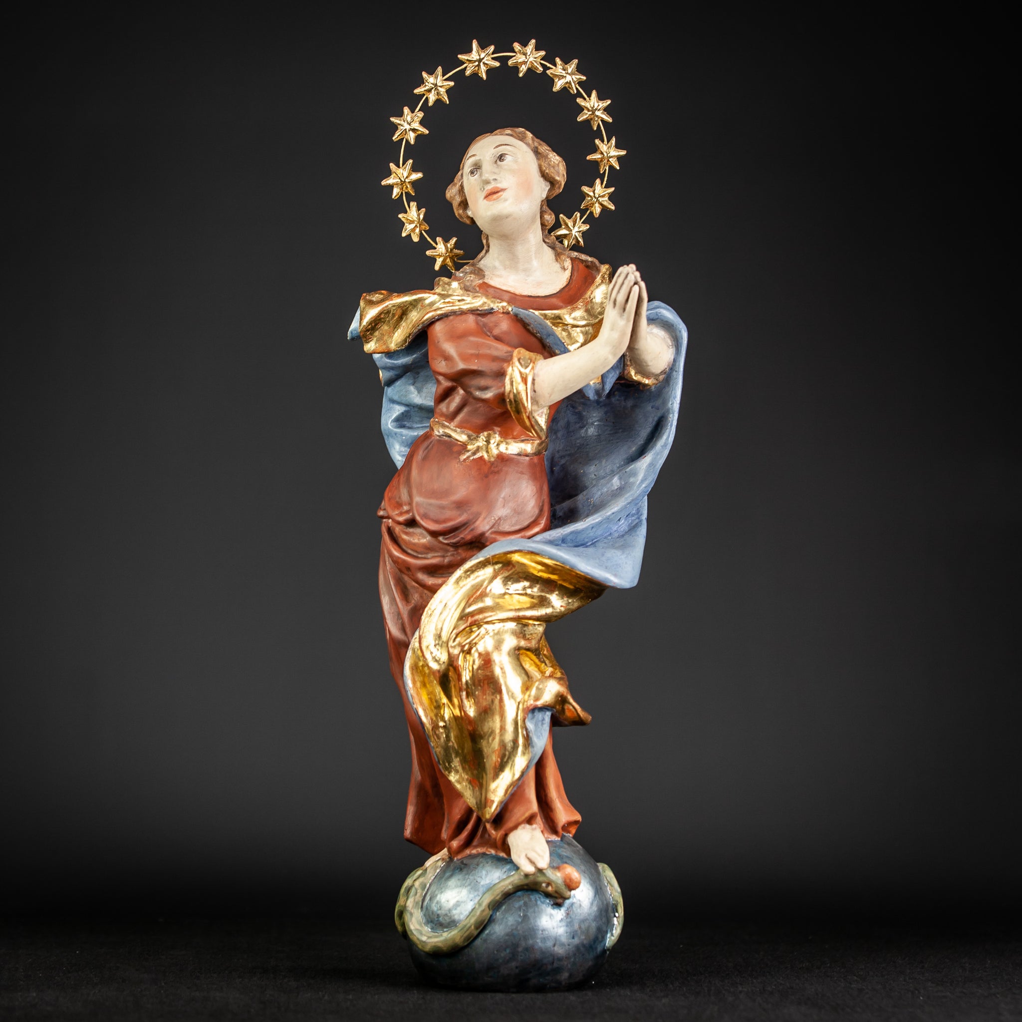 Baroque 17th Cent Wooden Virgin Mary Sculpture | 22.4”