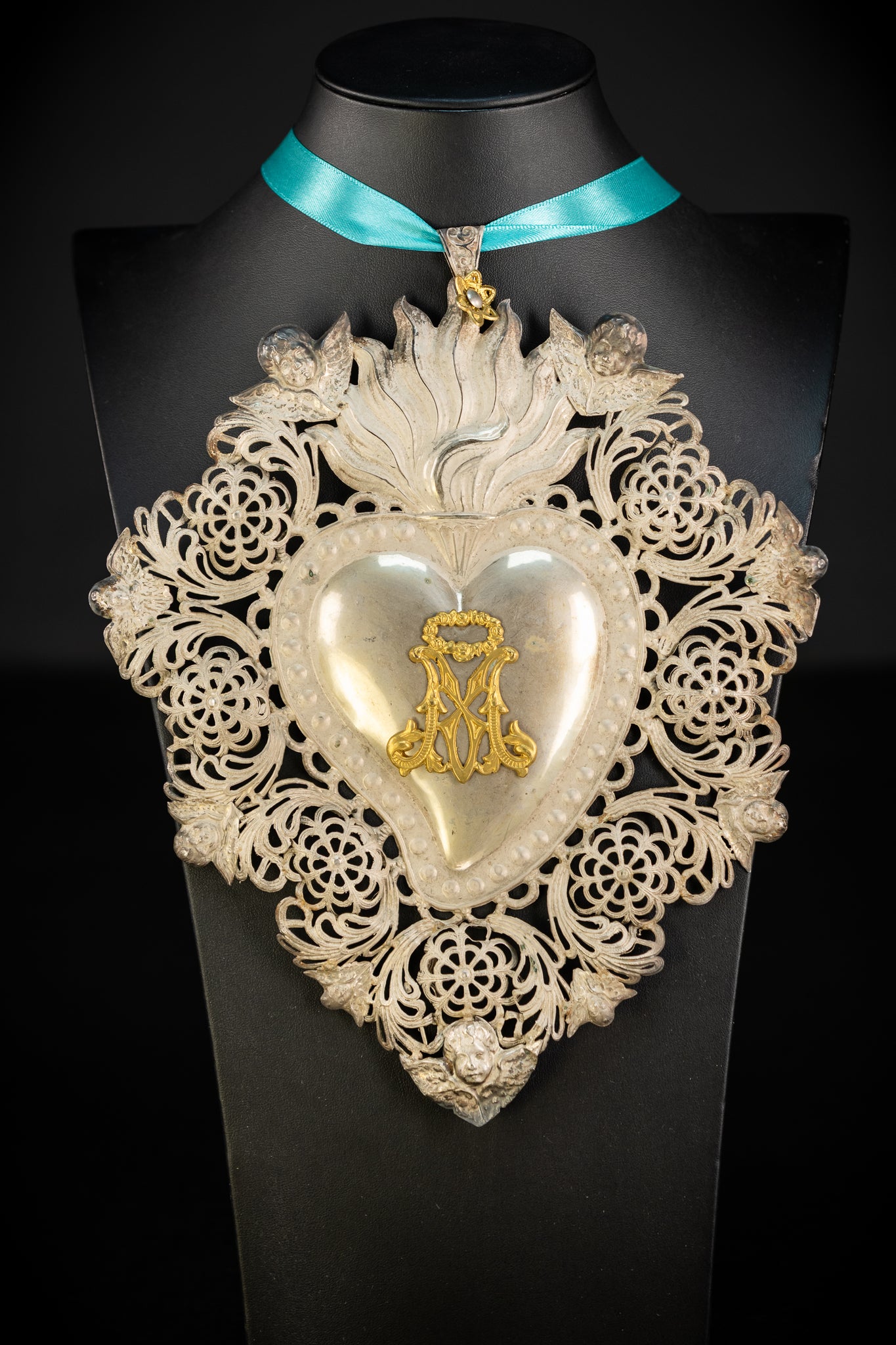 10" Solid Silver Votive Heart | 1800s  Virgin Mary Monogram