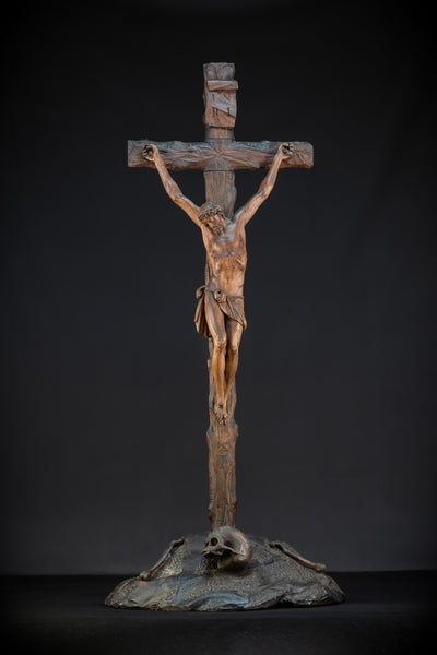 42.9" / 109 cm Wooden Altar Crucifix | 1700s Memento Mori
