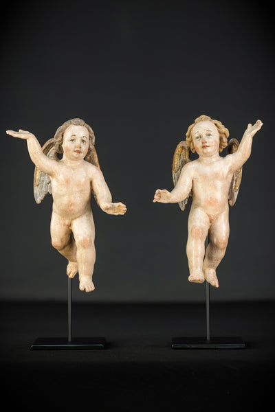 Angel Statues Pair | 1700s Cherubs Wood 9.5"
