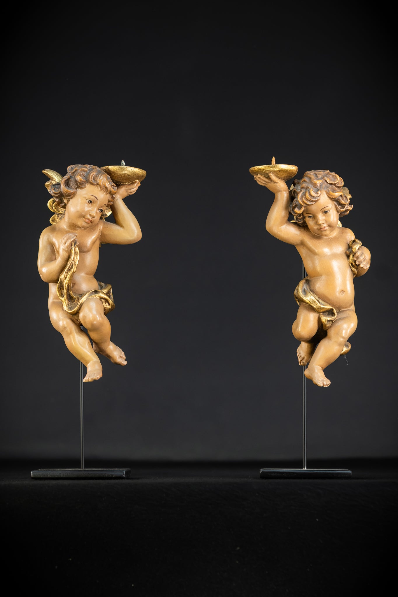 Angel Statues Pair | Mid 1900s Cherubs Wood Carving | 10"