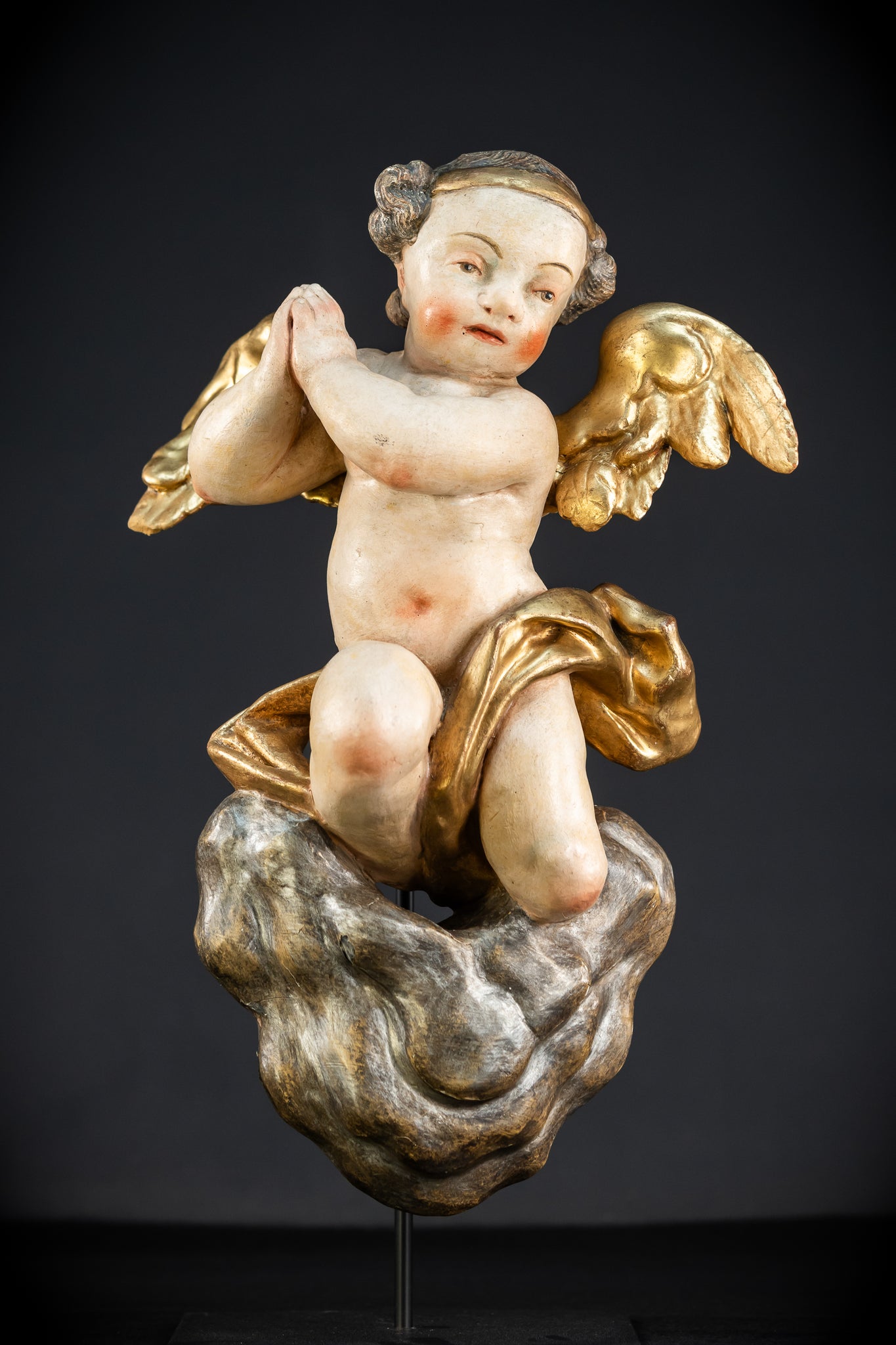 Baroque Angel Statue Wood Carving  | 1700s Antique | 18.1"