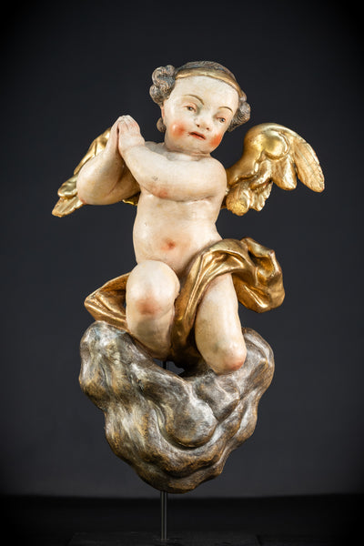 Baroque Angel Statue Wood Carving  | 1700s Antique | 18.1"