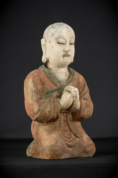 Buddhist Praying Monk Antique Sculpture | 17.5"