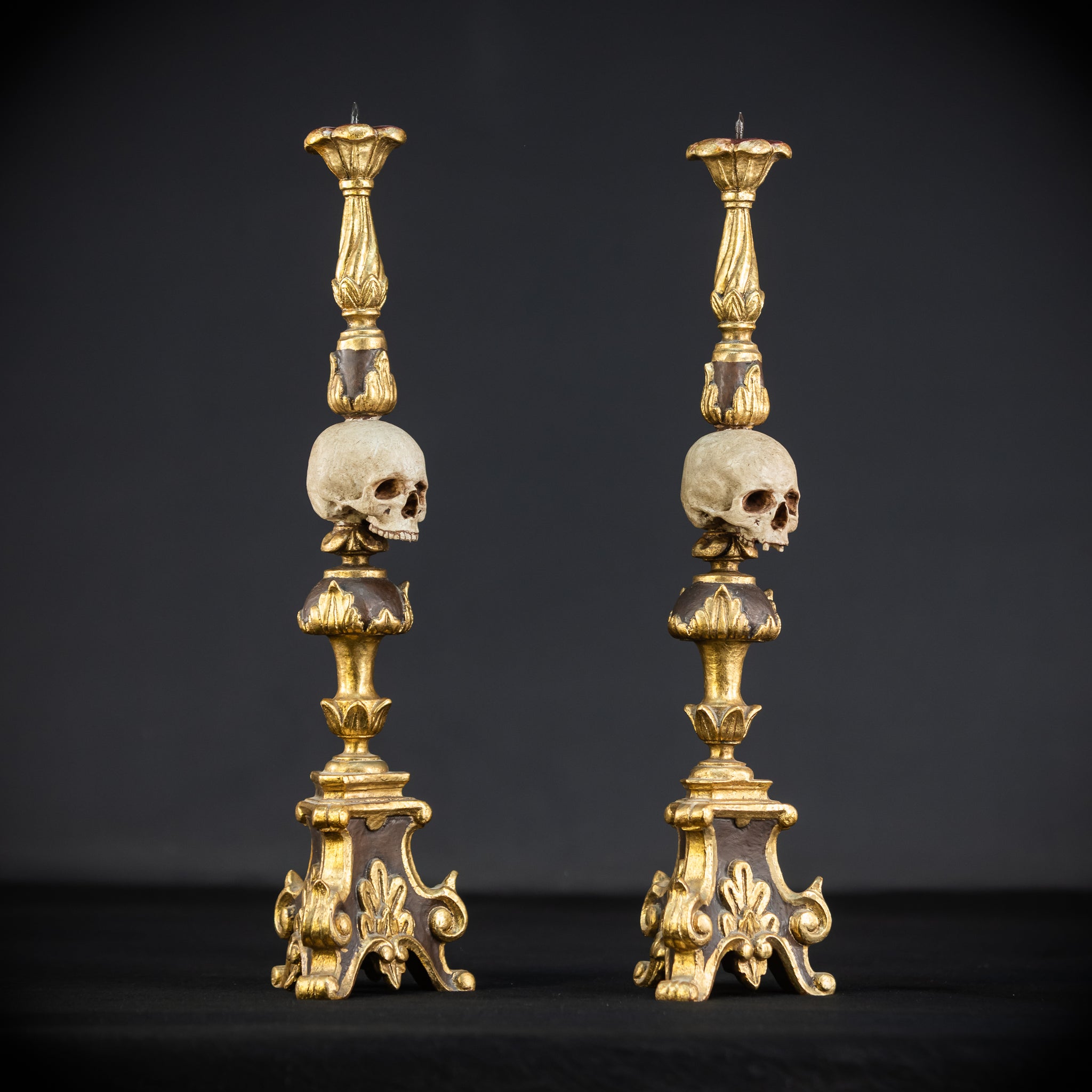 Pair Memento Mori Candlesticks | 1800s Carved Wood | 16.3”