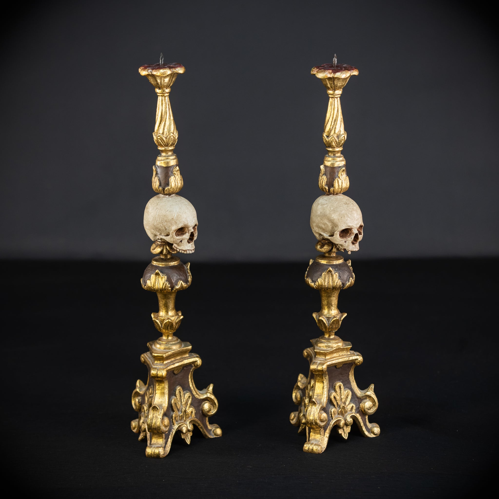 Pair Memento Mori Candlesticks | 1800s Carved Wood | 16.3”
