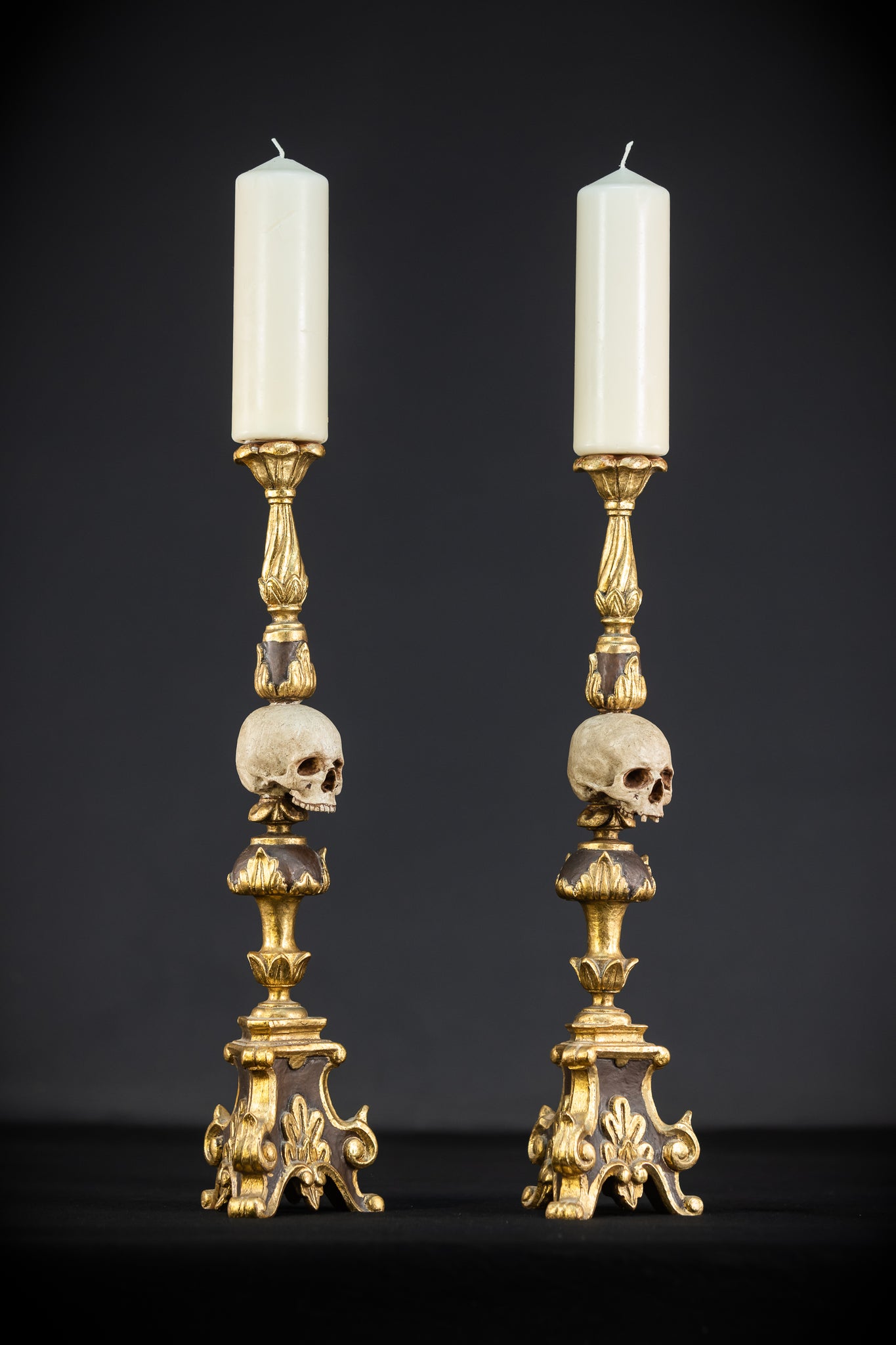 Pair Memento Mori Candlesticks | 1800s Carved Wood | 16.3”