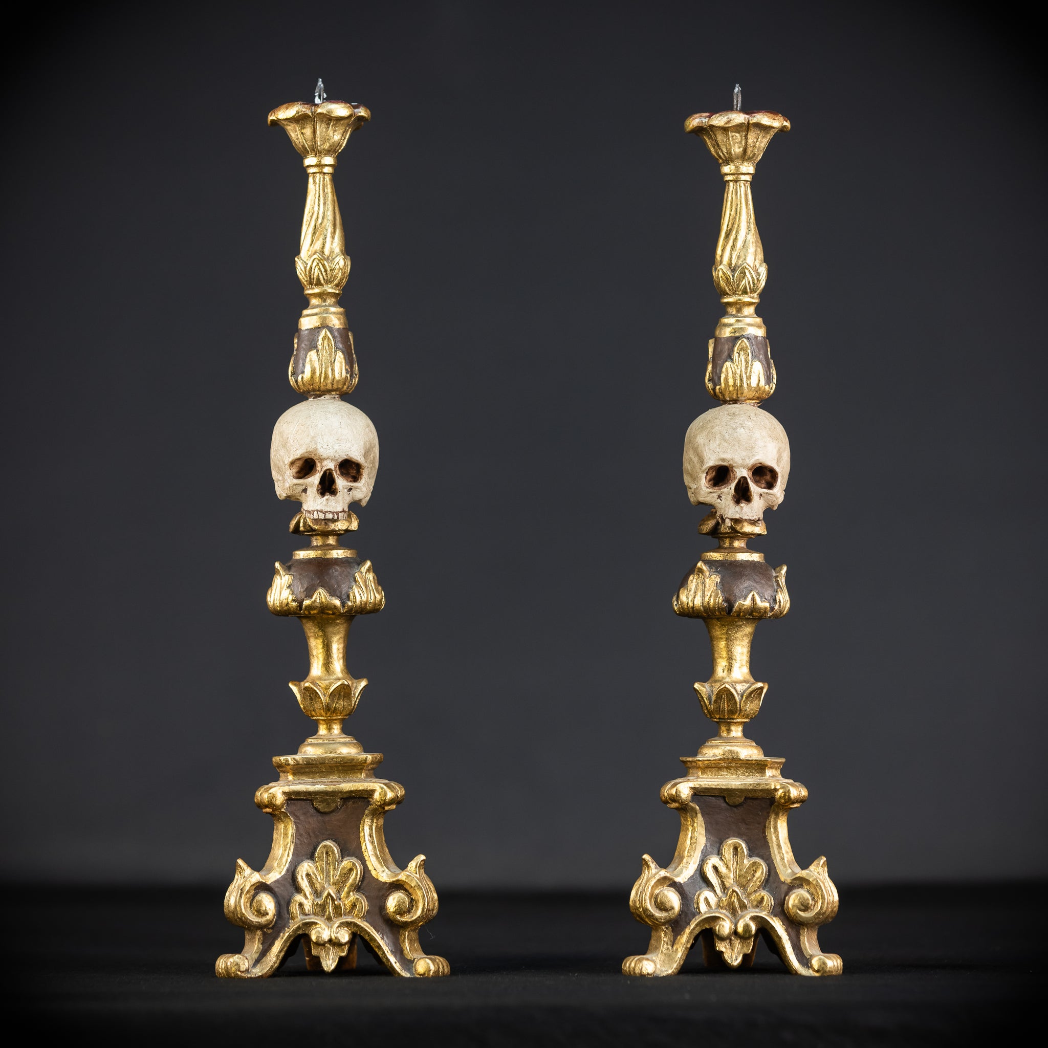 Pair Memento Mori Candlesticks | 1800s Carved Wood | 16.3”