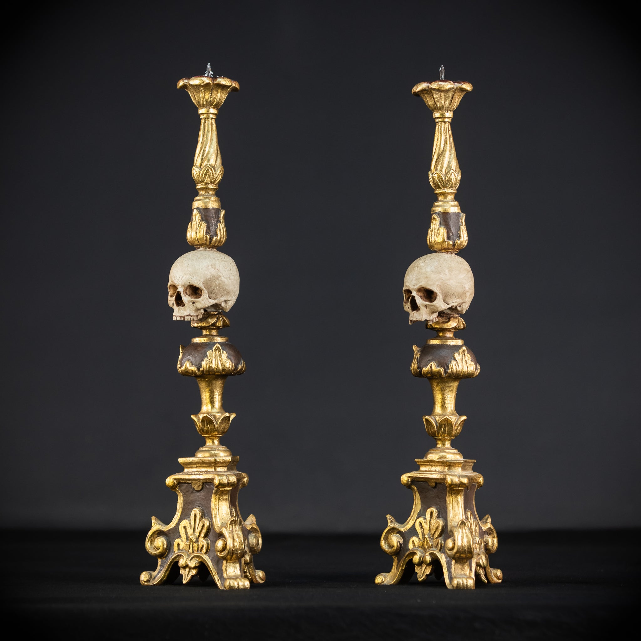 Pair Memento Mori Candlesticks | 1800s Carved Wood | 16.3”