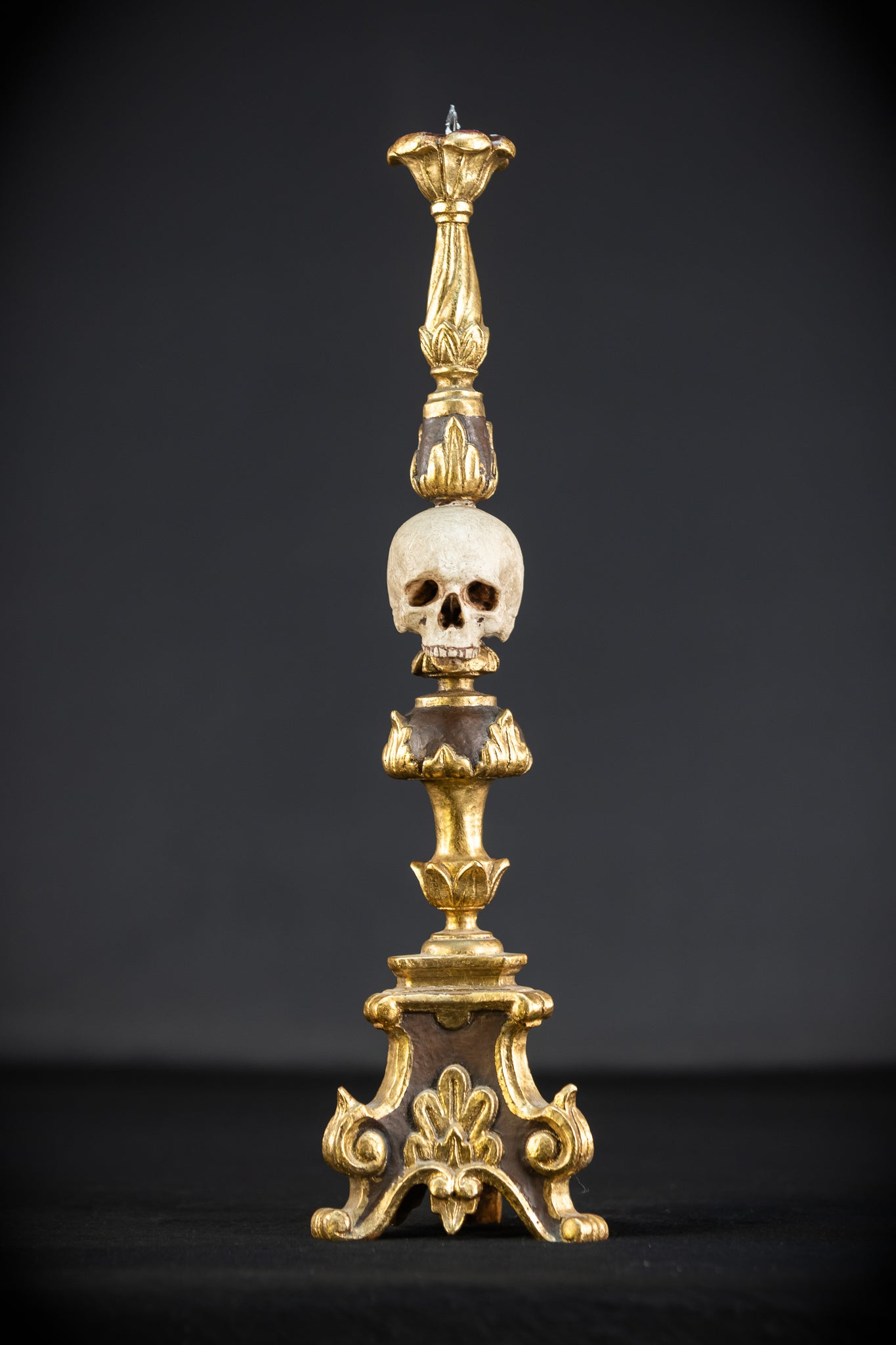 Pair Memento Mori Candlesticks | 1800s Carved Wood | 16.3”