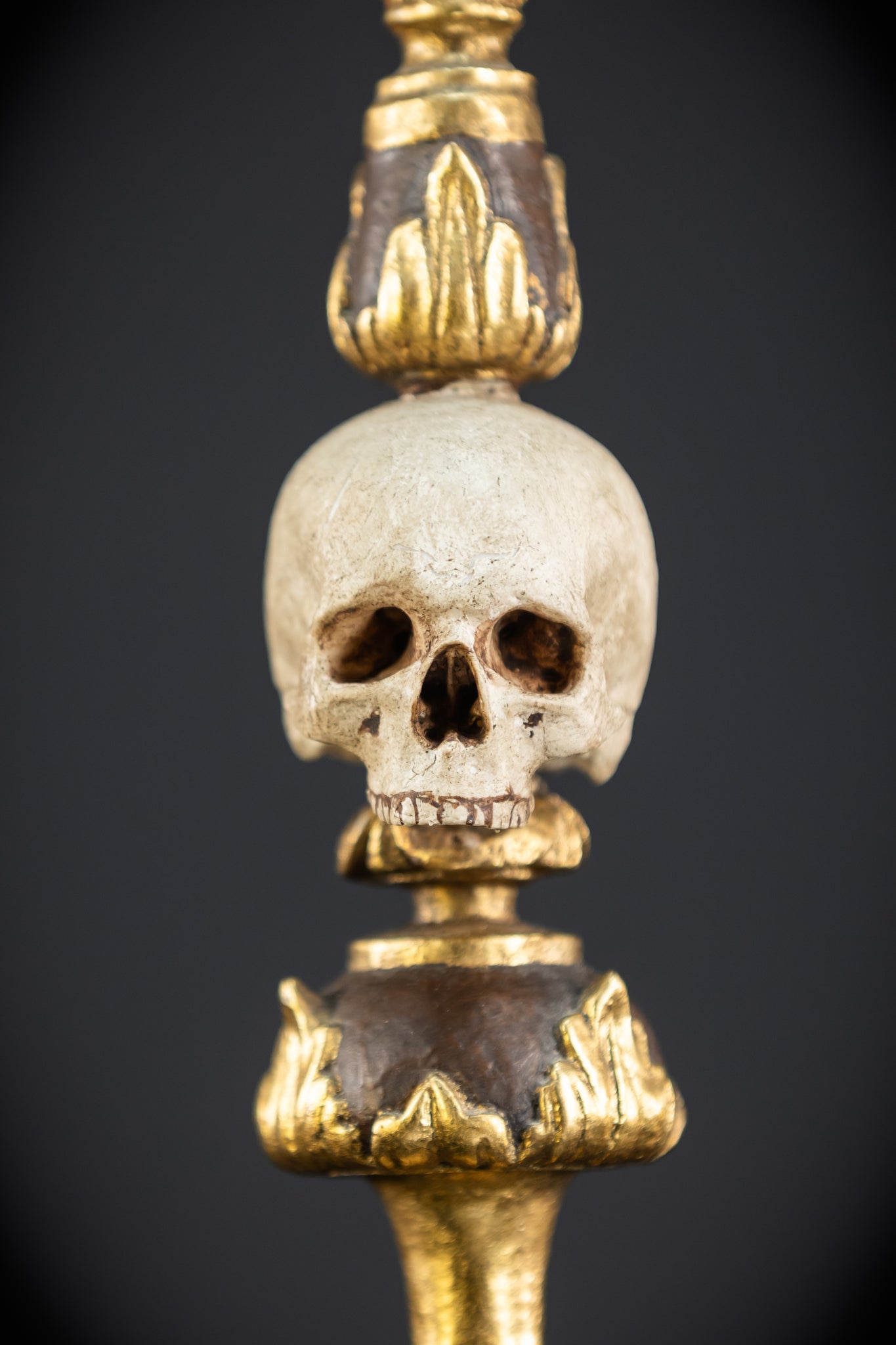 Pair Memento Mori Candlesticks | 1800s Carved Wood | 16.3”