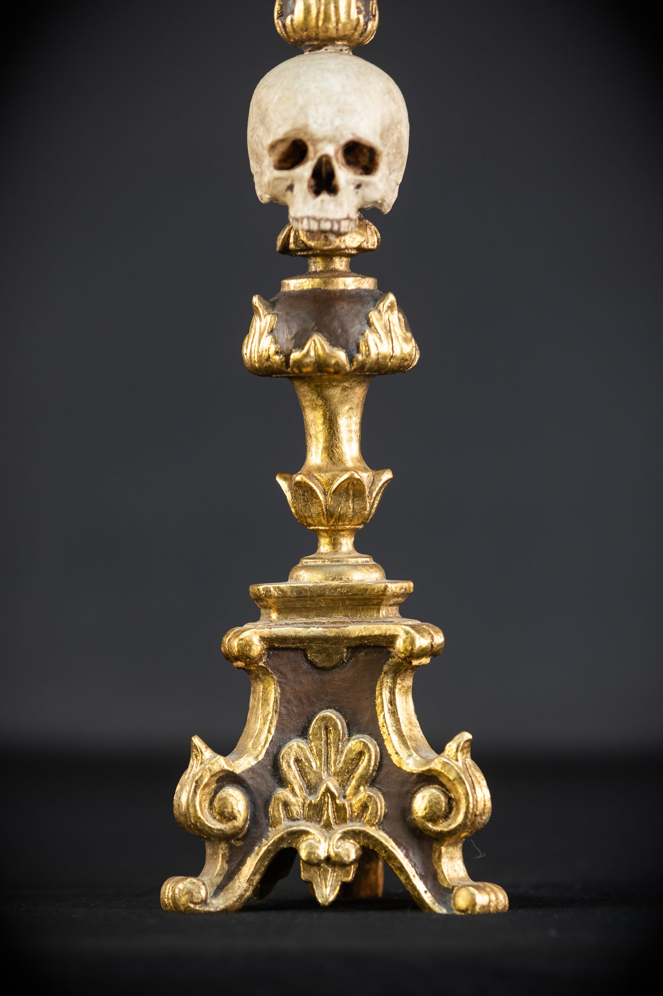 Pair Memento Mori Candlesticks | 1800s Carved Wood | 16.3”