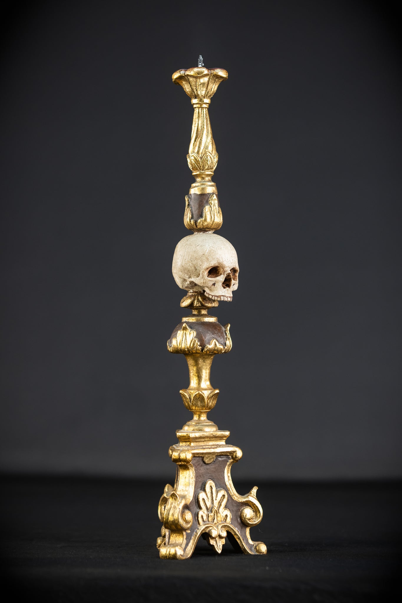 Pair Memento Mori Candlesticks | 1800s Carved Wood | 16.3”